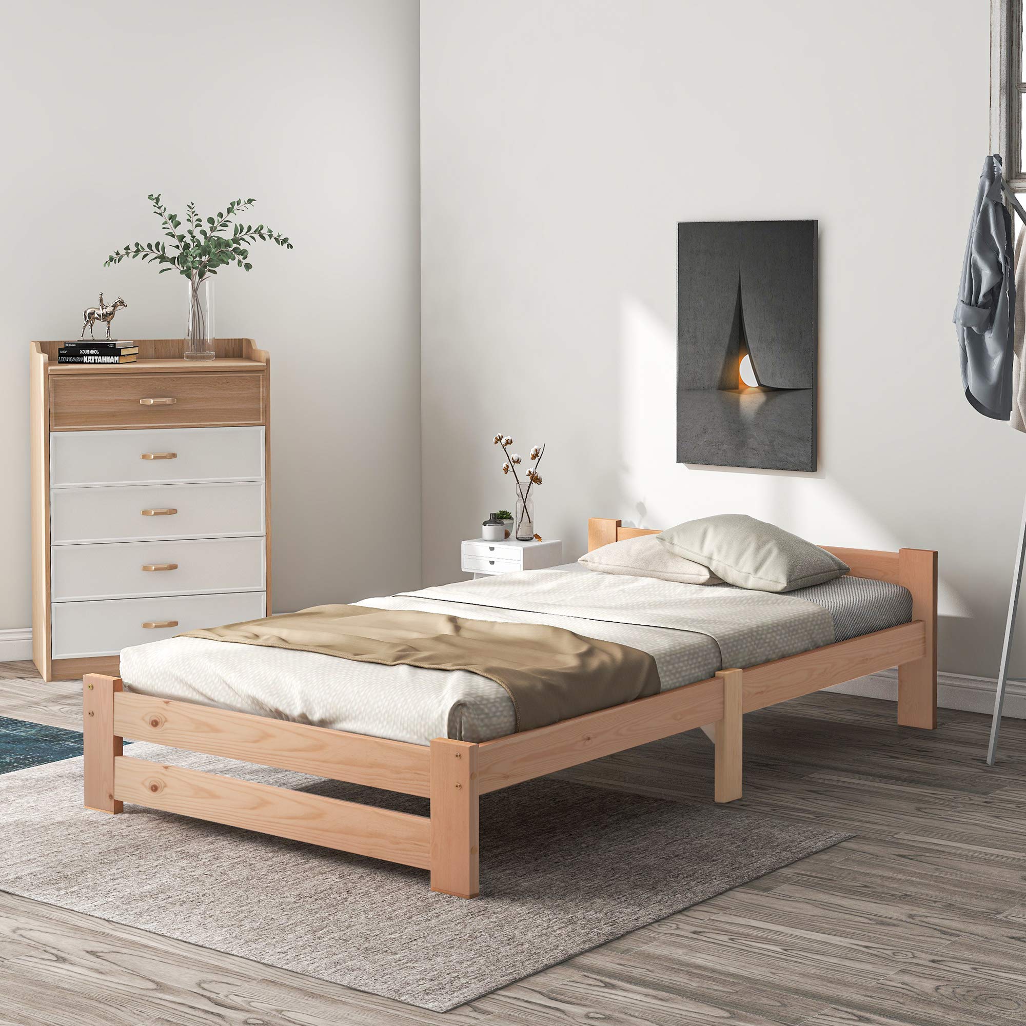 Cama futón de madera maciza maciza natural con cabecero y somier, natural (200 x 90 cm)