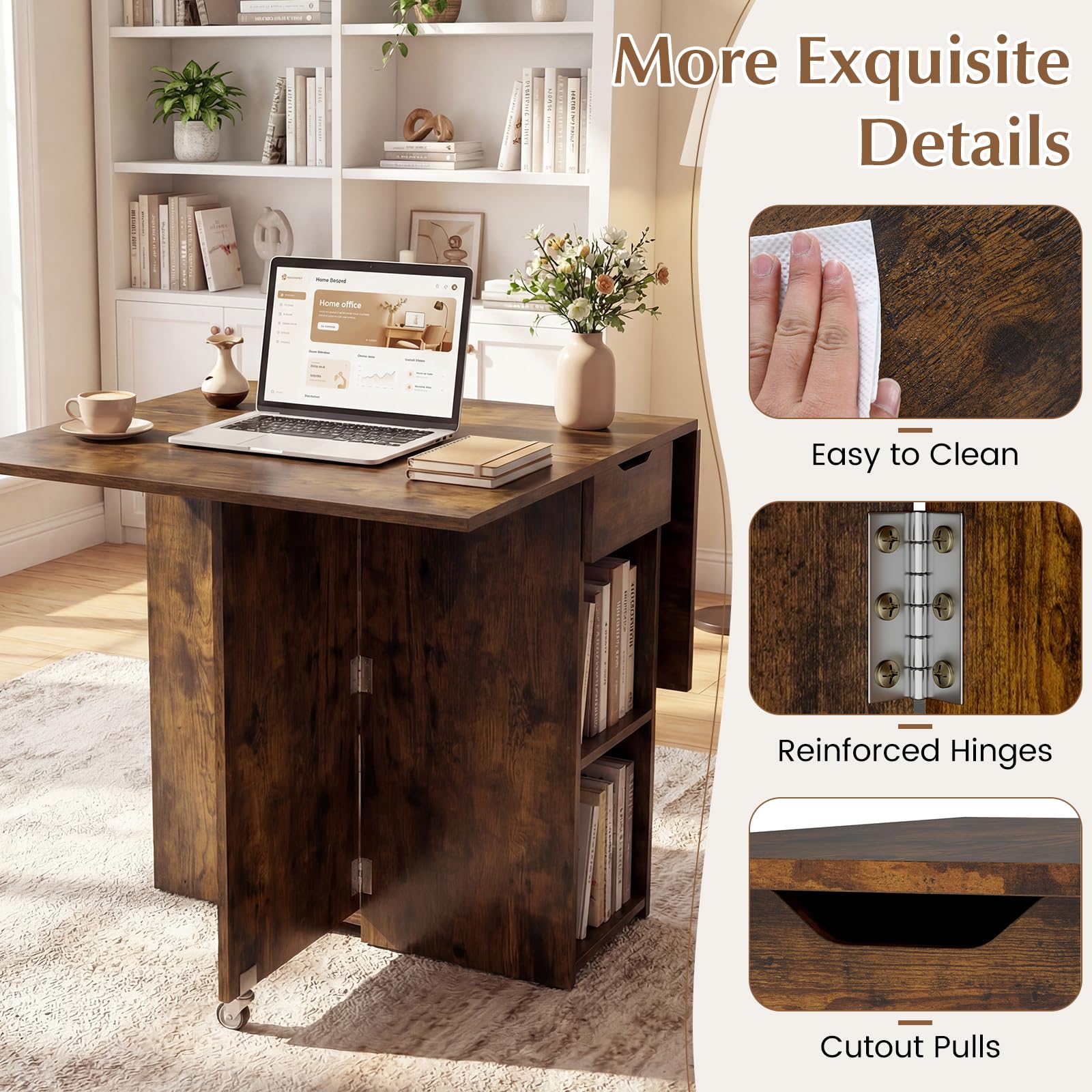 GIANTEX Tavolo da Pranzo Pieghevole, Mobile da Cucina con Ali Pieghevoli, 1 Cassetto e 2 Ripiani Aperti, per 2-4 Persone, Salvaspazio, 120 x 72 x 75 cm, Ideale per Sala e Cucina