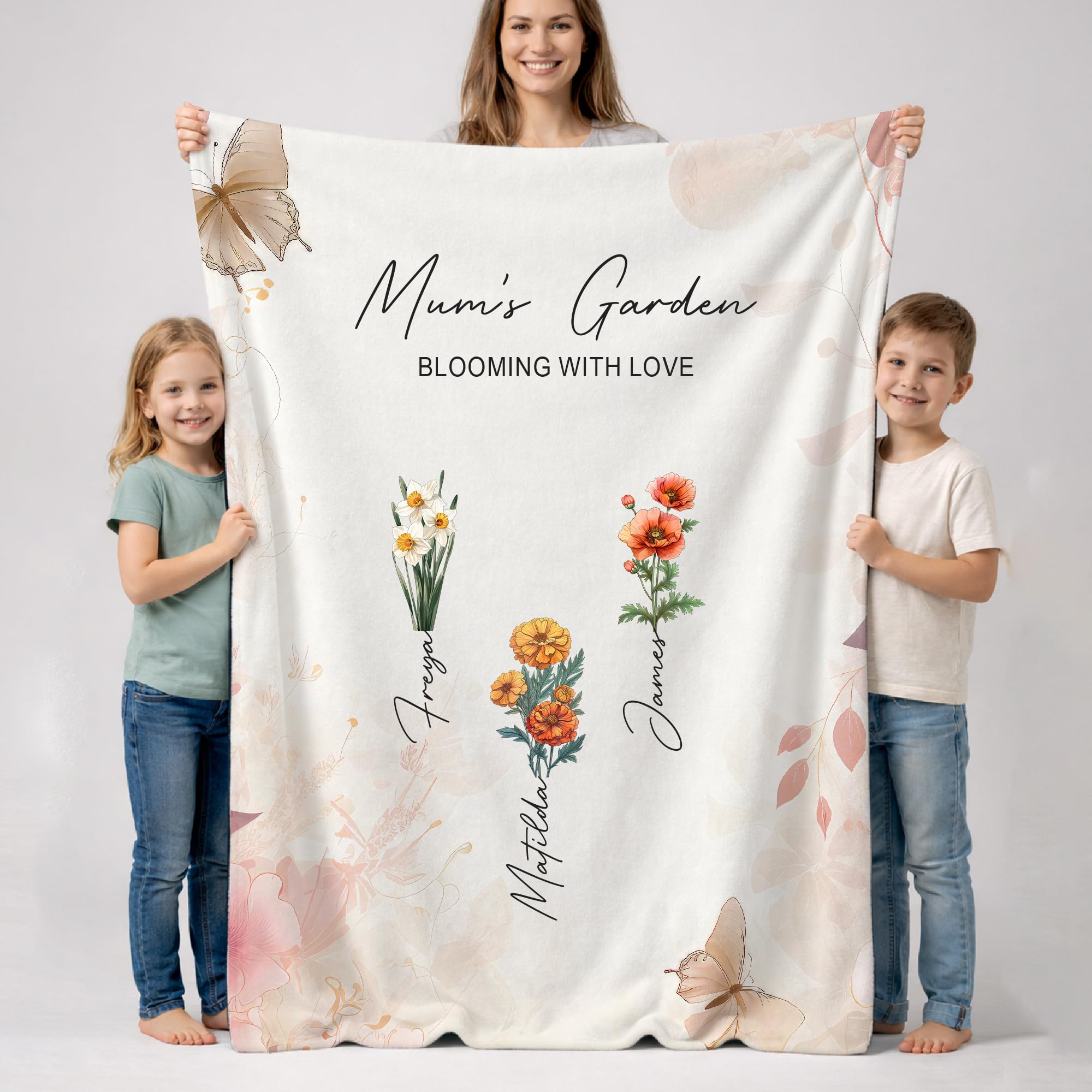 Print Maniacs Floral Personalised Garden Blanket With Custom Names – Mum, Nana, Grandma Birthday Gift – Mother’s Day, Christmas, New Mum, Baby Shower Present – Botanical Family Flower Throw For Sofa Or Bed