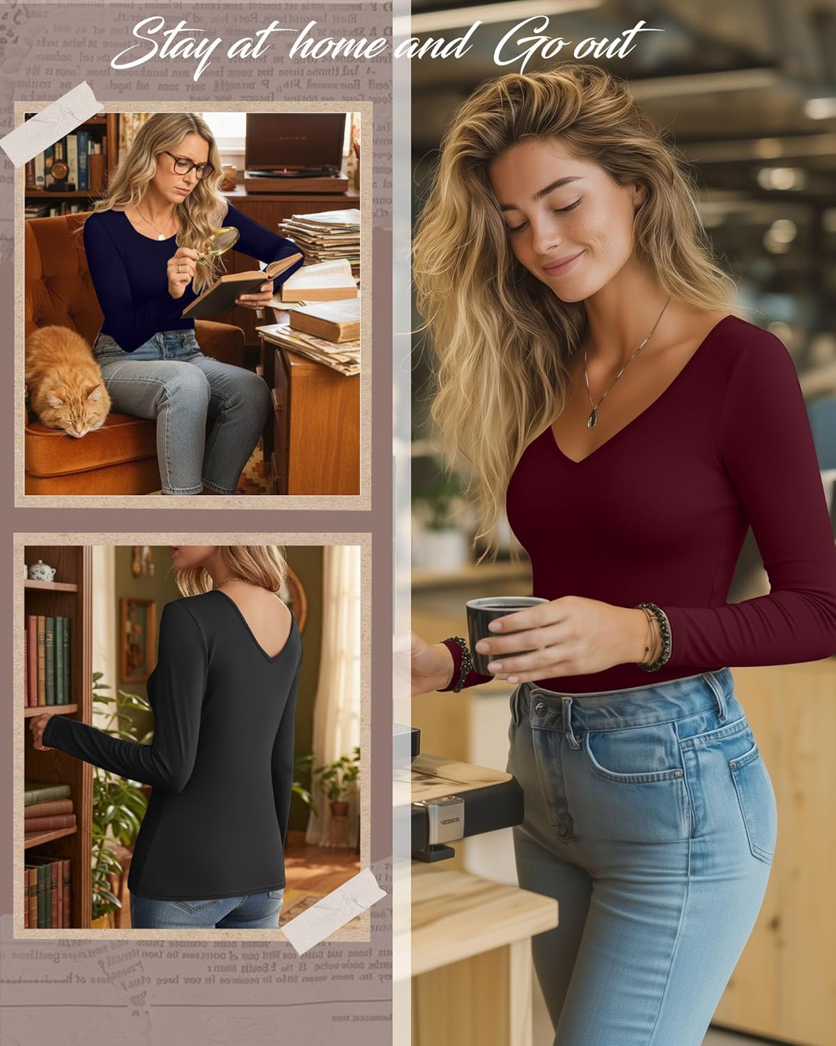 Riyiper 3 Pack Women's Long Sleeve Reversible Shirts Scoop Neck Deep V Neck Tops Slim Fit Undershirts Fall Stretchy Layer Tee - Image 2