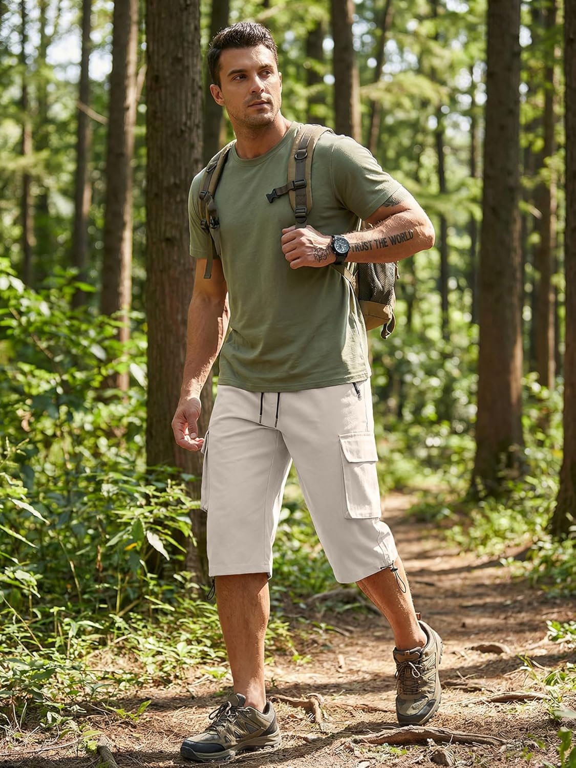 JMIERR Men's 3/4 Length Cargo Shorts Elastic Waist Capri Pants with Zipper Pockets - Image 2