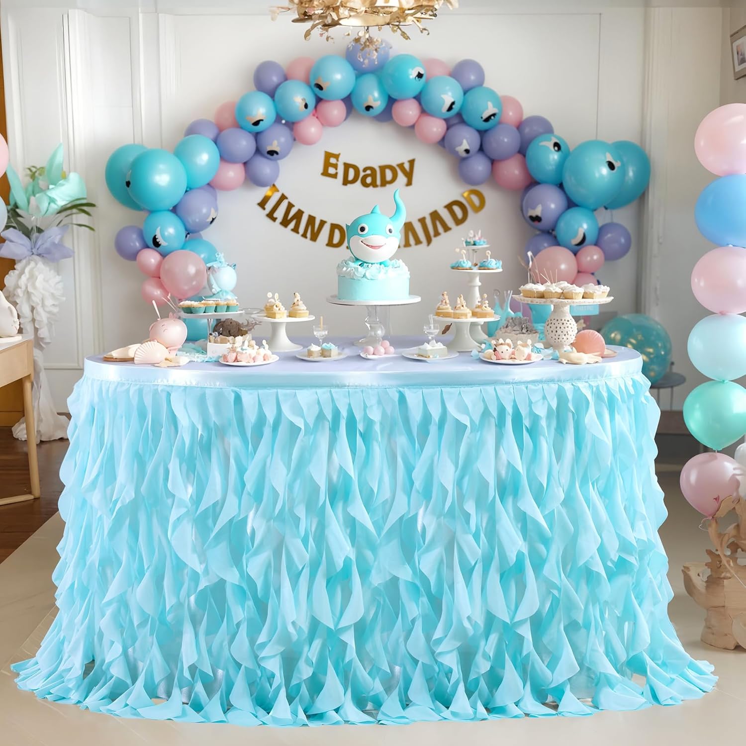 Partisky Aqua Blue Tulle Curly Willow Table Skirt for Rectangle Table 14ft, Ruffle Tutu Table Cloth for Boys Baby Shower,Birthday Party Candy Cake Tables