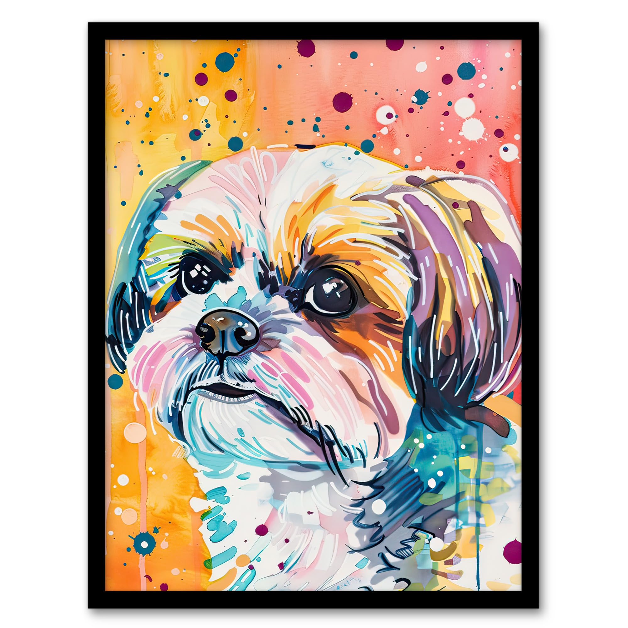 Artery8 Colourful Shih Tzu Portrait Dog Lover Watercolour Kids Bedroom Nursery Artwork Framed Wall Art Print 18X24 Inch