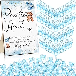 Roowest 51 Pcs Pacifier Hunt Baby Shower Game, Include Wooden Pacifier Hunt Sign Bear Themed Baby Shower Sign Board with 50 Acrylic Baby Pacifiers for Baby Shower Game, Gender Reveal Party (Blue)