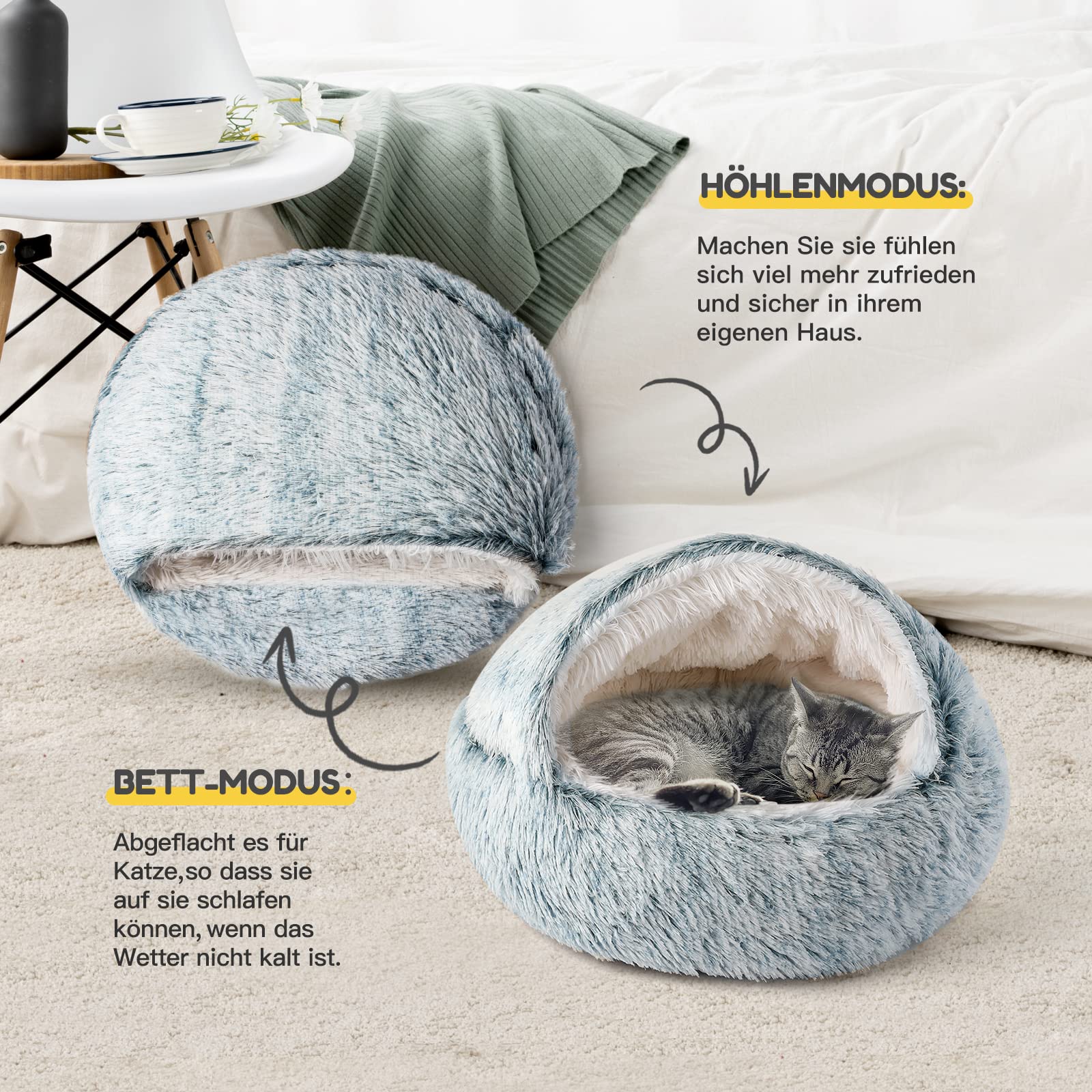CATISM Lit pour Chat, Maison de Beignet en Peluche à Capuchon, Coussin Doux et Confortable Gris (50X50cm)