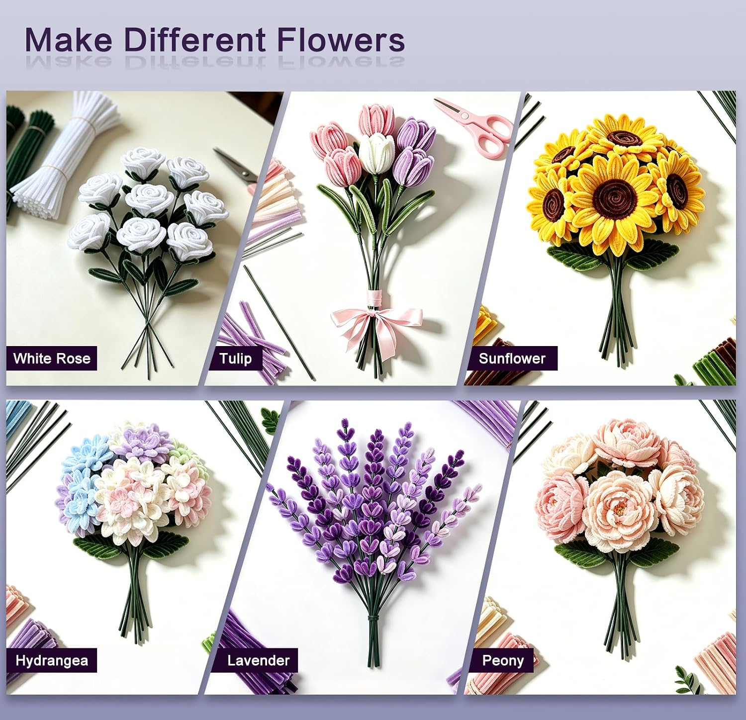Timtop 800 PCS Pipe Cleaners Craft Flower Kit, 13 Assorted Colors Pipe Cleaners Bulk DIY Flower Making Kit Chenille Stems with Floral Wires, Tape, Stamen for DIY Craft Art Projects Bouquets