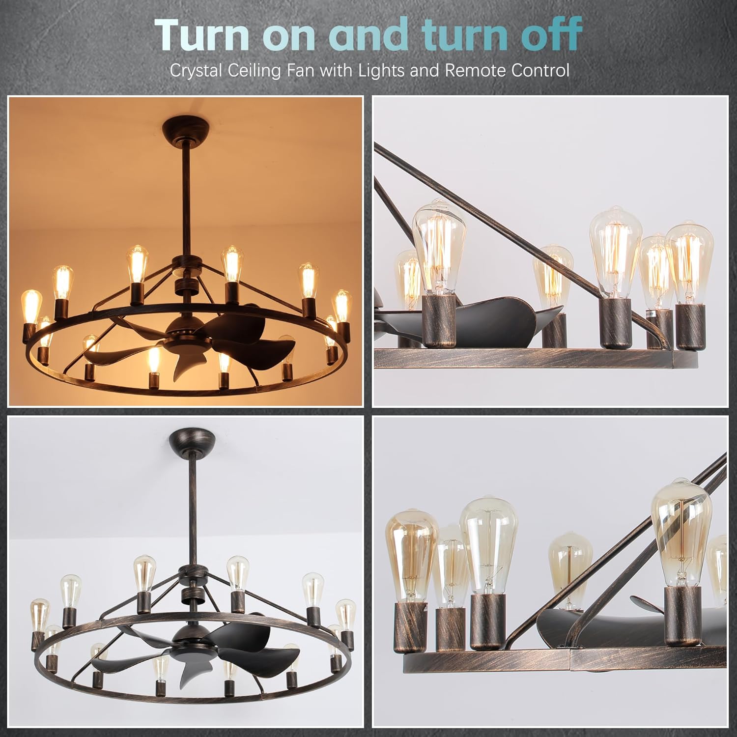 Farmhouse Ceiling Fan With Light,12 Light Farmhouse Ceiling Fans With Remote,44 Inches Large Wagon Wheel Chandelier Fan For Modern Country Kitchen, Rustic Dining Table-Bronze Black brush gold image 7 of 9 B0DY7CXHLL