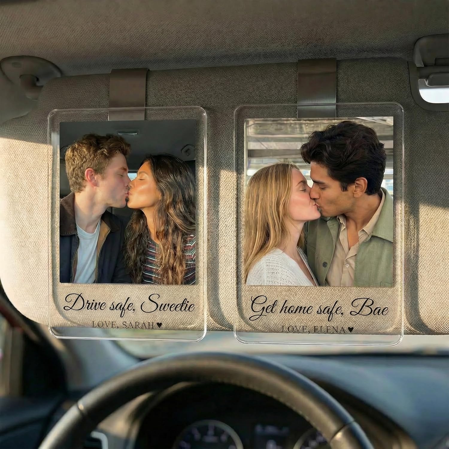 Custom Car Visor Photo Clip for Couples - Personalized Acrylic Sun Visor Picture Holder with Text, Drive Safe Gifts for Husband Wife Boyfriend Girlfriend, Valentines Anniversary Present