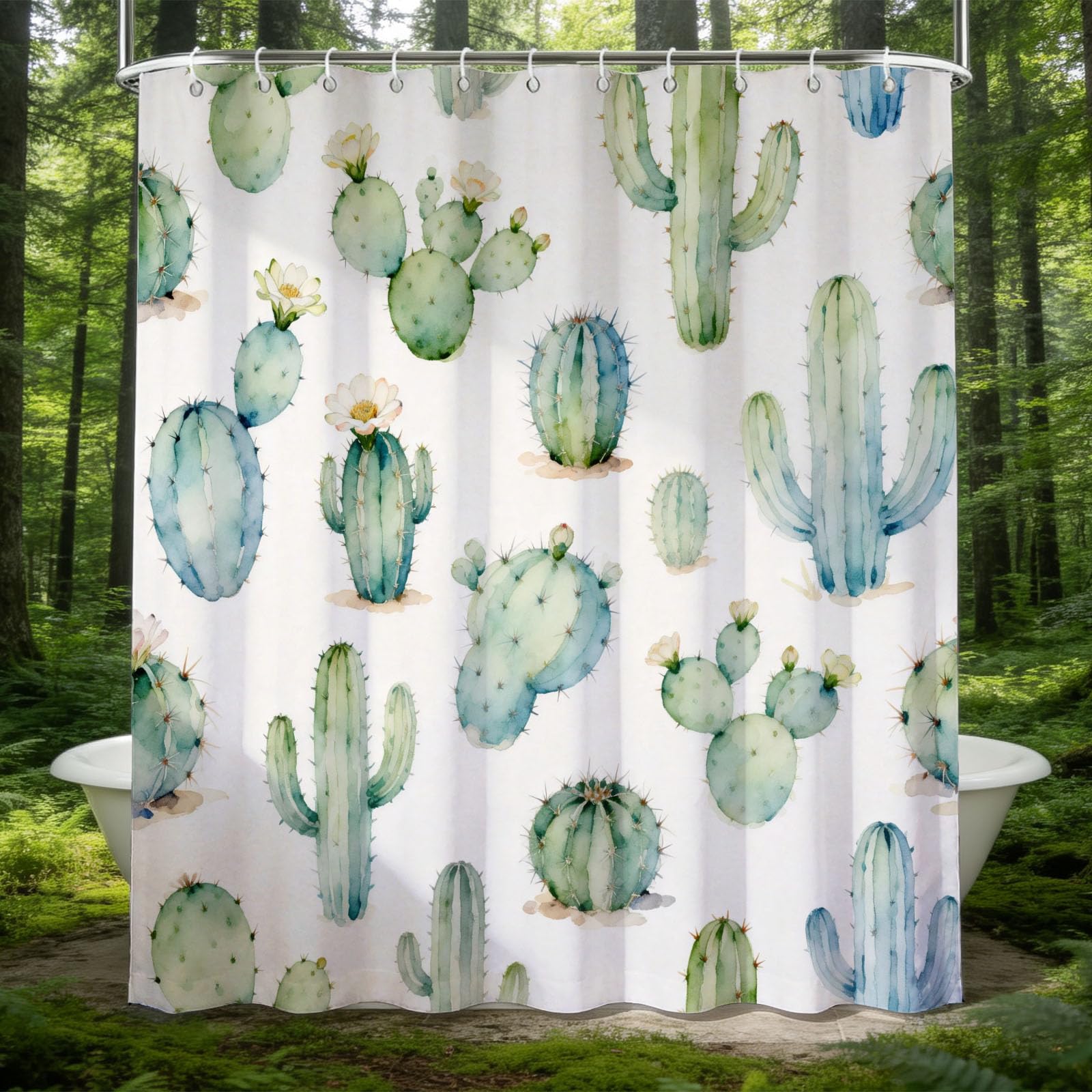 Hongduo 3D Watercolor Cactus Shower Curtain for Stalls Bathtubs Hand-Drawn Style Bathroom Decor Shower Curtain Set Polyester Fabric Waterproof 180x180cm/71X71 Inch with Hooks