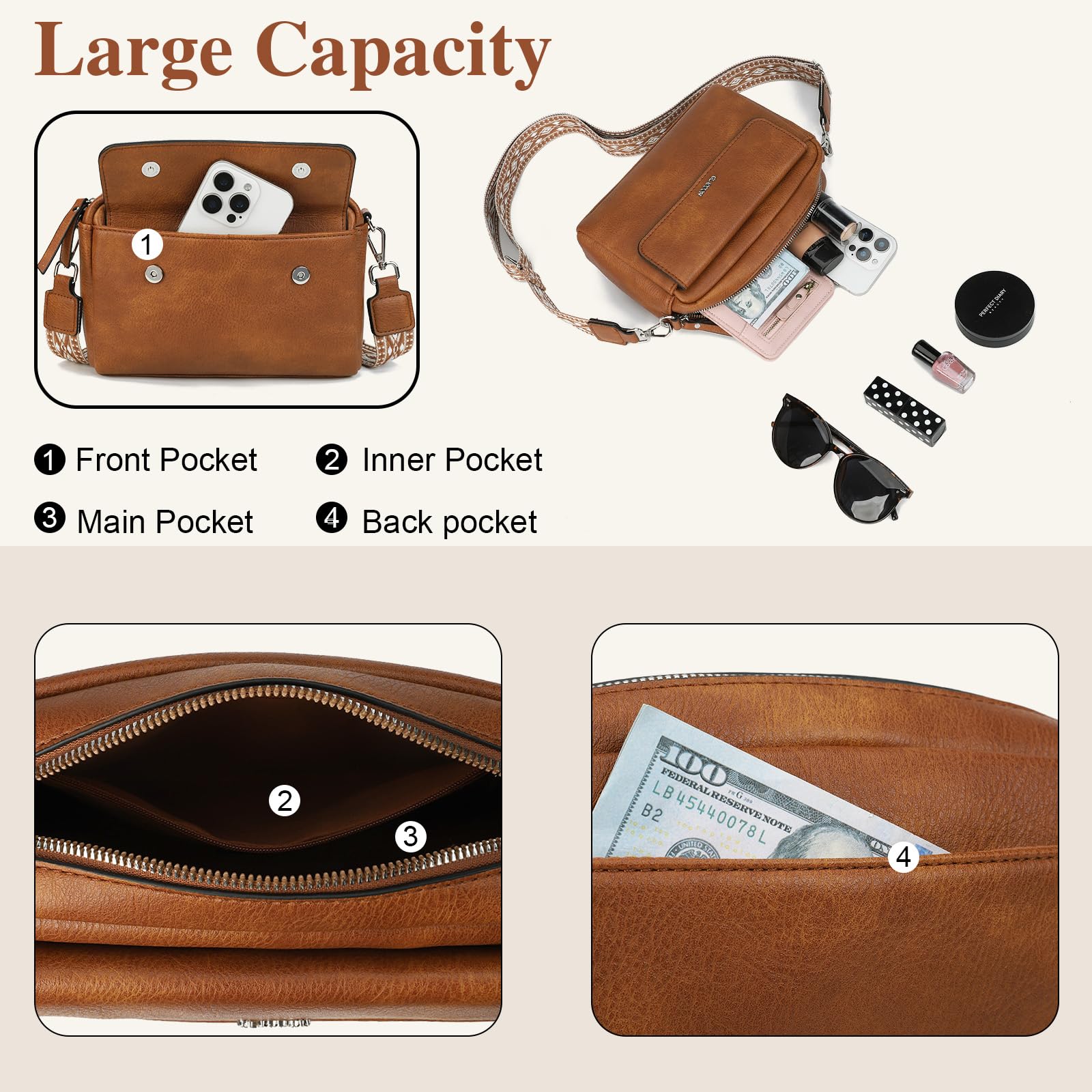 Gladdon borsa donna, borse piccola tracolla, borsa tracolla donna in pelle PU, con tracolla rimovibile, ampio nastro jacquard per uso quotidiano, regalo per le donne