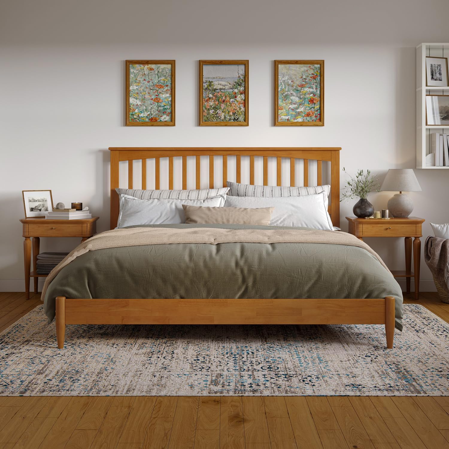 HomeStock King Solid Wood Low Profile Platform Bed in Light Toffee