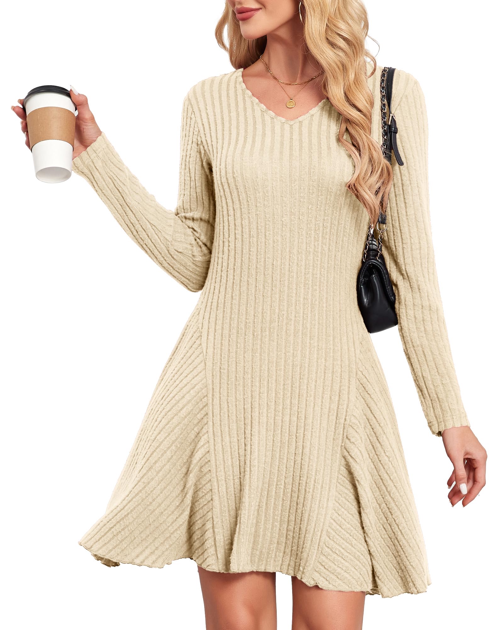 SENBATU Strickkleid Damen Herbst Elegante Kleider Langarm Winterkleider