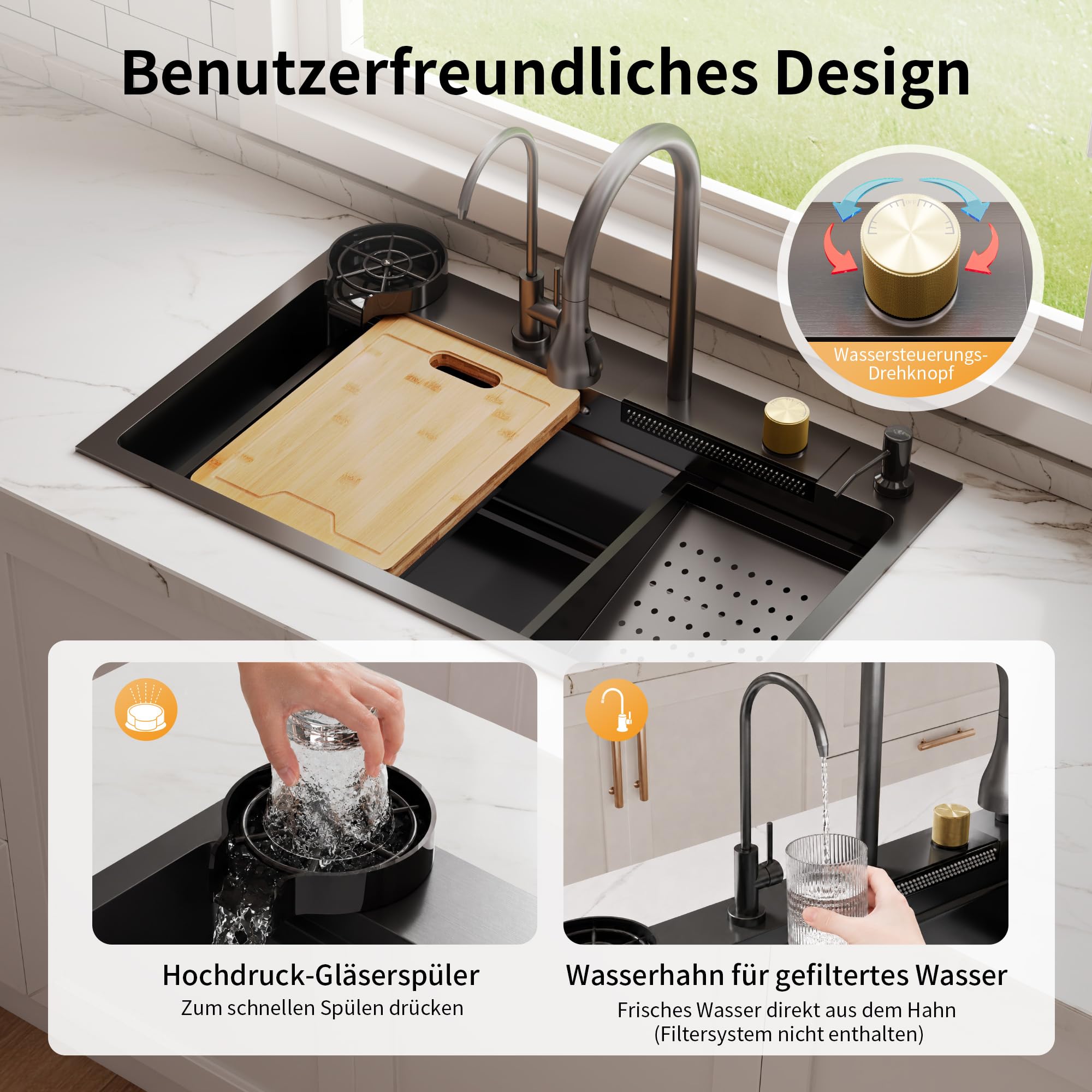 DeerValley Edelstahlspüle, Multifunktionsspüle aus Edelstahl 304 mit ausziehbarem Wasserhahn, Hochdruck-Glasreiniger, Wasserfall, Seifenspender und Arbeitsschiene für Küche - Dunkelgrau