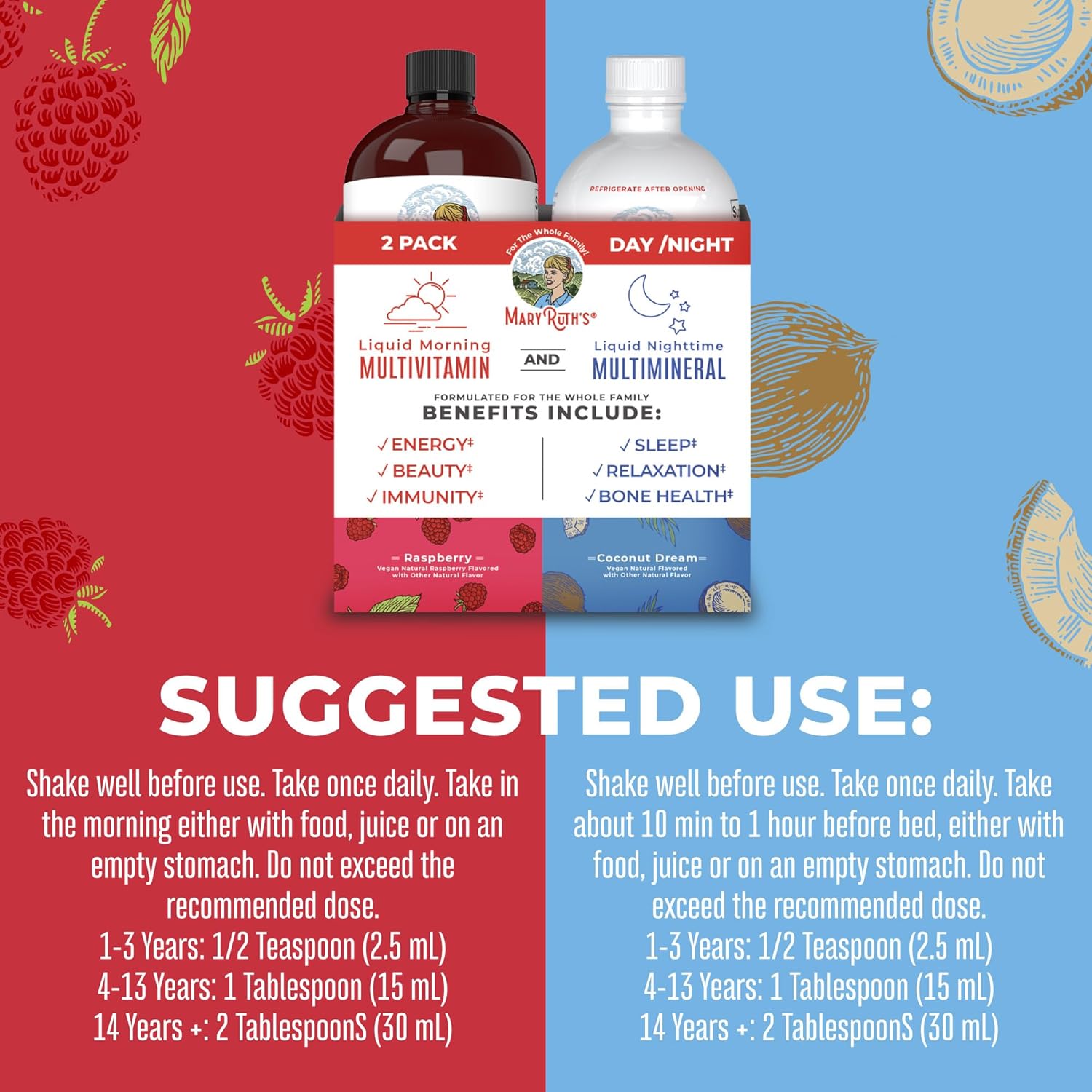 MaryRuth Organics Liquid Morning Multivitamin & Liquid Nighttime Multimineral Bundle, Vegan Vitamin C, Vitamin D, B Complex, Magnesium, Energy, Beauty, Sleep Support, NO Melatonin, 32 Fl Oz Each