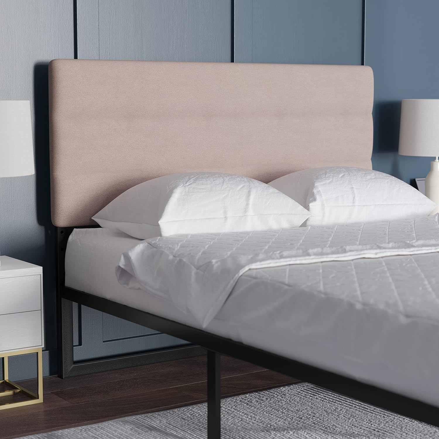 EMMA + OLIVER Gannon Queen Headboard - Taupe Fabric Upholstery - Adjustable Height - Assembly in 30 Minutes or Less - Suitable for Most Bed Frames (Not Included)
