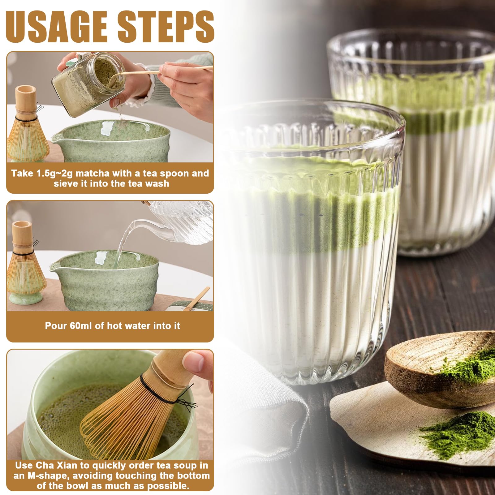 BAIFULAI Set da Tè Matcha di 4 Pezzi, Ciotola per Matcha con Beccuccio, Frusta e Pala per Matcha, Whisk, Kit per Matcha in Ceramica Verde