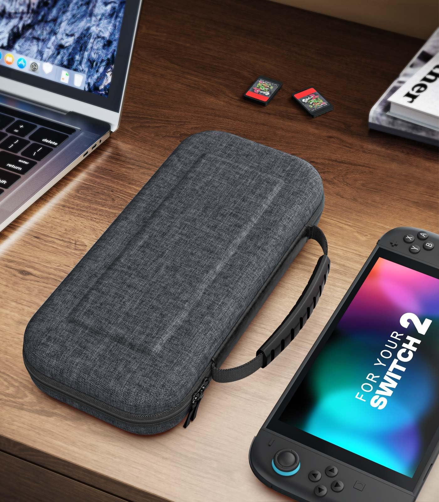 MoKo Étui pour Nintendo Switch 2 (2025), Housse Rigide de Protection Grande Capacité avec 10 Cartouches de Jeux, Pochette de Transport Boîtier pour Switch 2 2025 et Accessoires, Gris Texturé