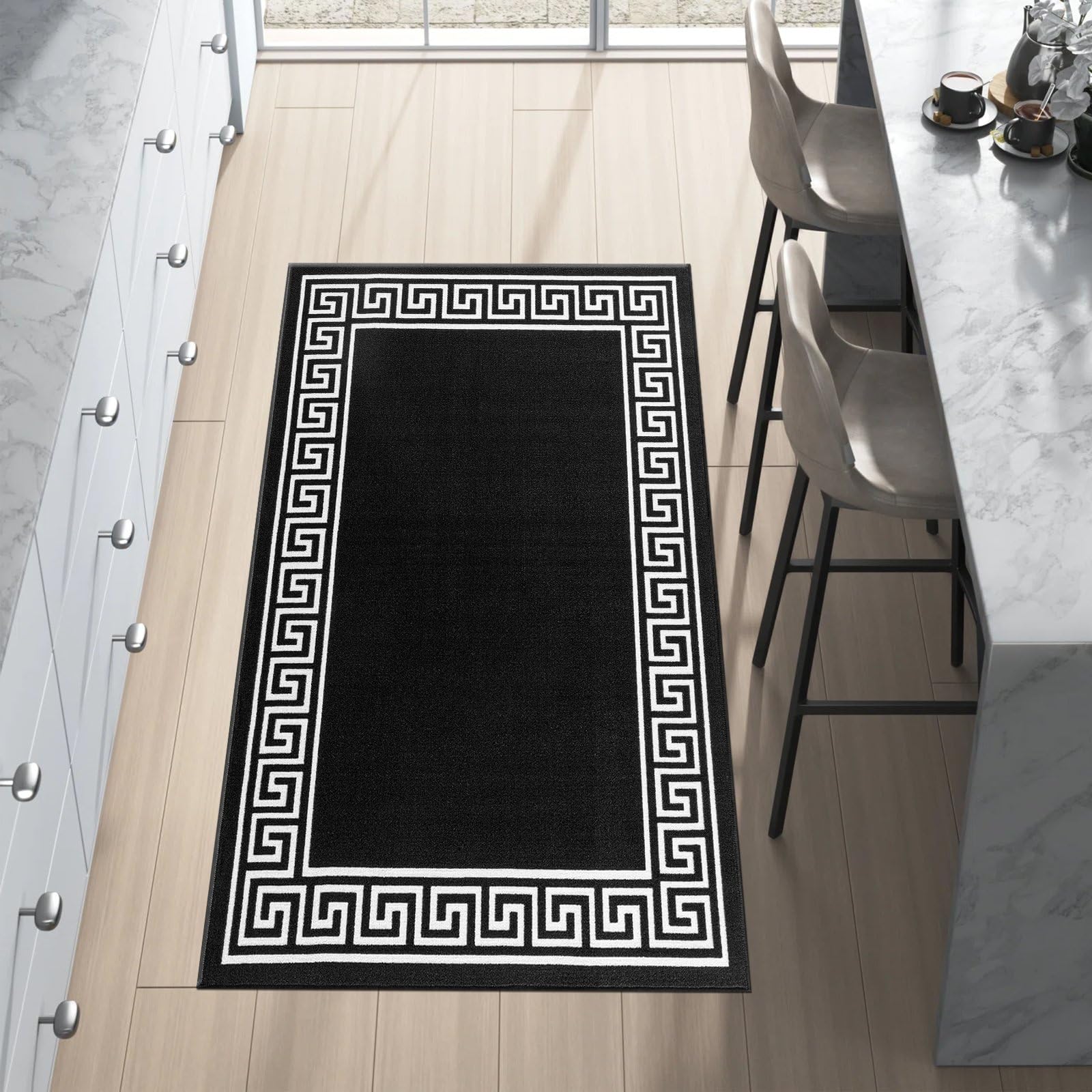 renoazul® Runner Rug Washable Non-Slip Carpet | 80 x 150 cm Heavy Duty Long Hallway Carpet Runner Washable, Living Room, Kitchen and Bedroom Anti-slip Floor Mat - Greeky - Black & White — image 1