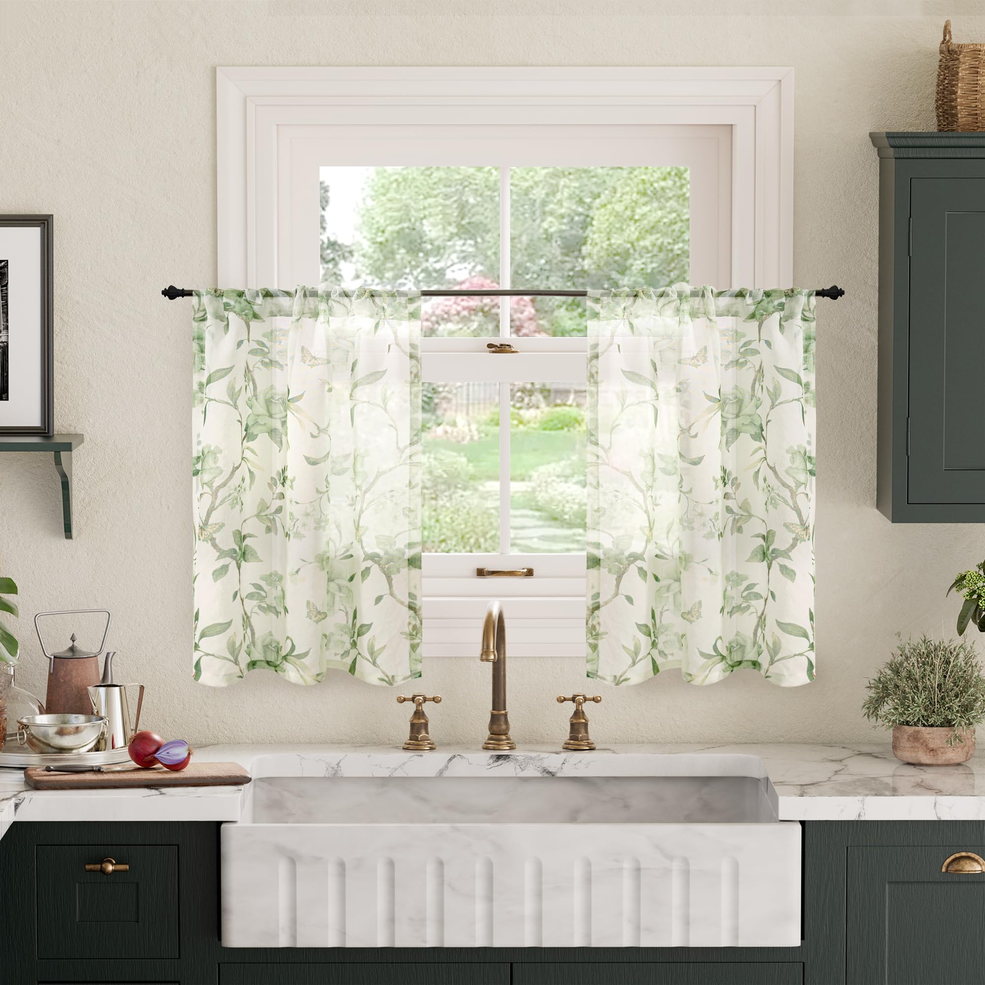 Lajode Sage Green Curtains Sheer 24 Inch Length 2 Panels Set, Short Semi Sheer Light Filtering Leaf Pattern Vintage Farmhouse Basement Half Window Cafe Curtains Rod Pocket, Each 30 Inch Wide โ image 1
