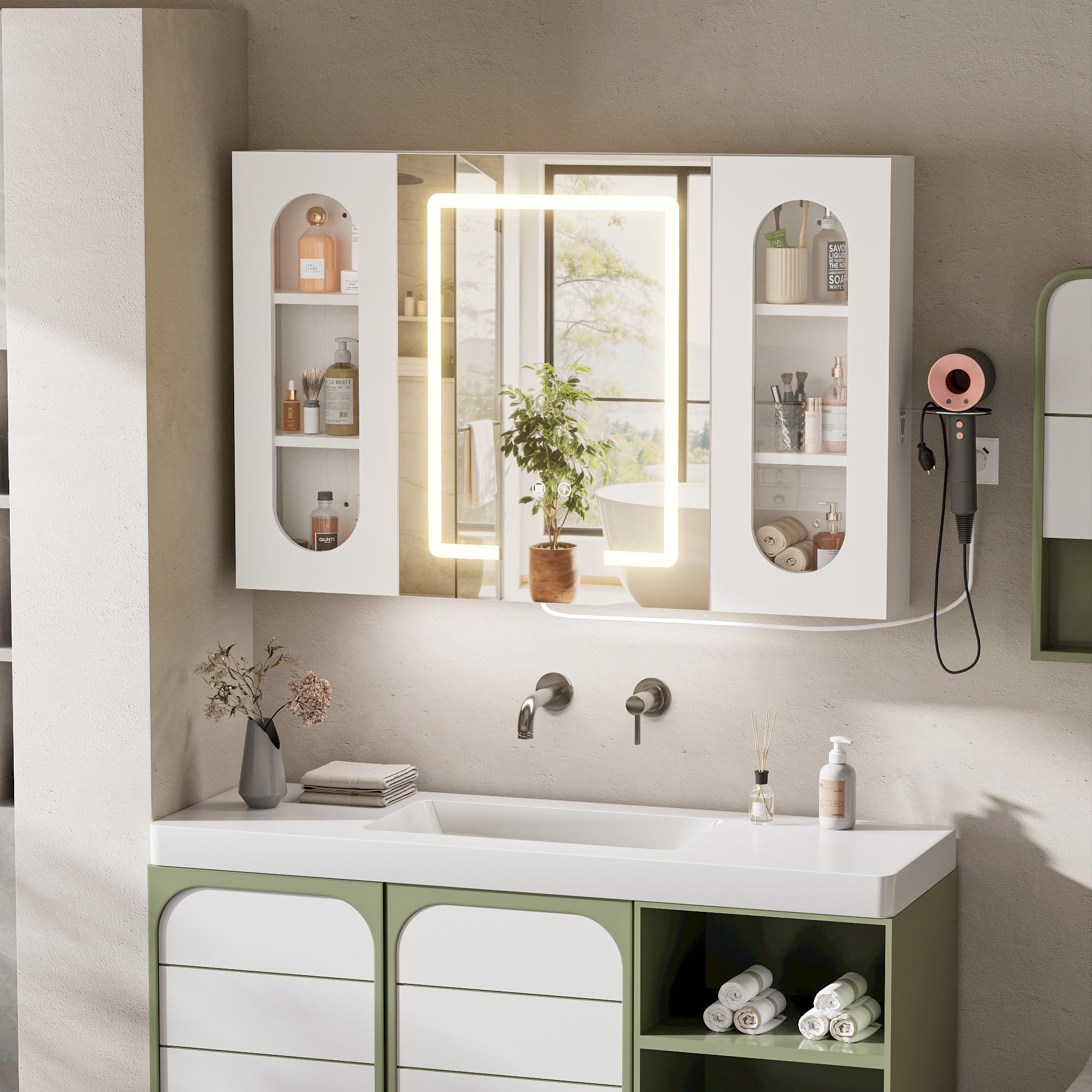 Armario Baño con Espejo LED iluminación y Función de desempañadora Armario Baño Espejo de Pared con Enchufe, 3 Compartimentos Grandes y Soporte para secador de Pelo, 100x65x16 cm