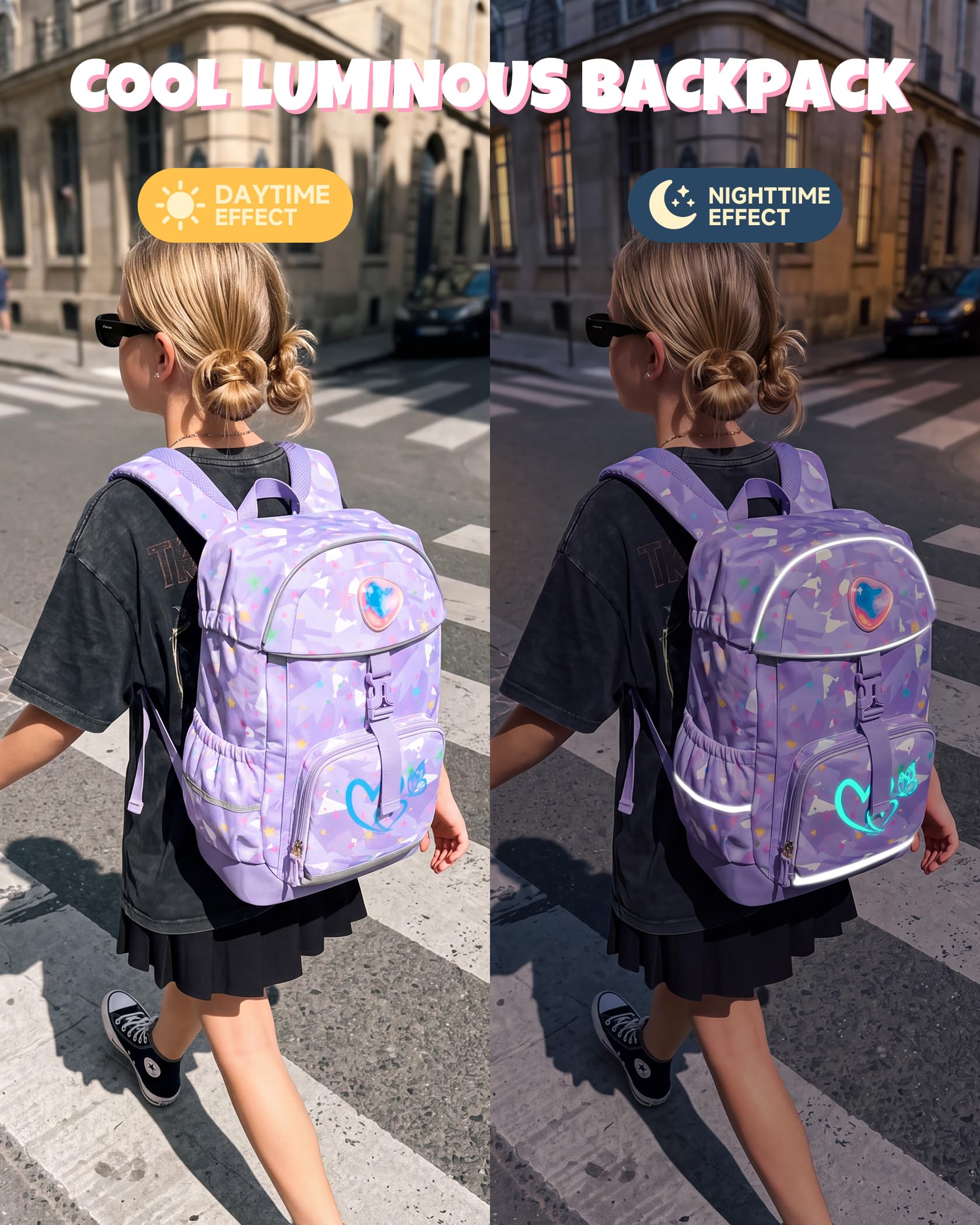 Amythe Set 3 Pezzi Zaino Ergonomico Ragazza CP-CM2, Cintura Rimovibile | Sacchetto a Cordoncino, Cartella con Divisori, Clip Pettorale, Bande Riflettenti, Antipioggia, Bambino 6-12 Anni