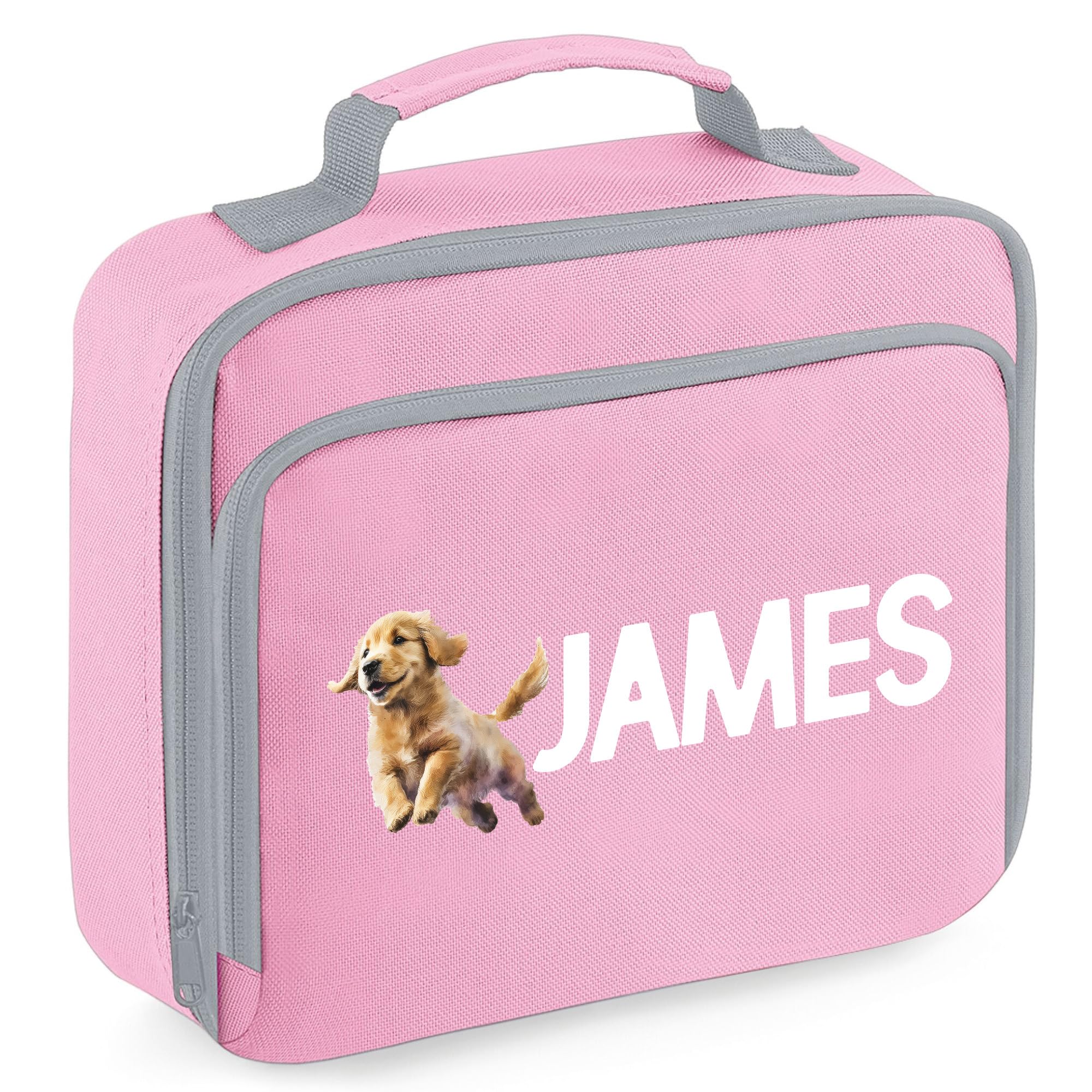 Personalised Golden Retriever Lunch Box Kids Boys Girls Dog Puppy Back to School Accessories Toddlers, 24cm x 20cm x 8cm, Light Pink