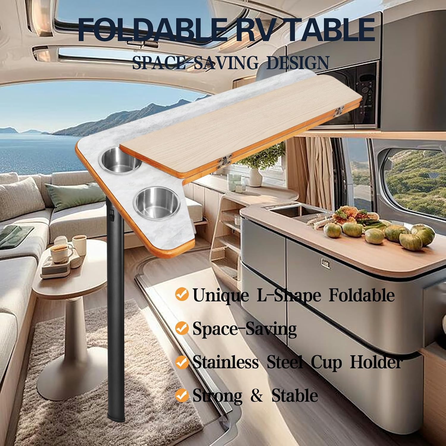RV Dinette Table Top Kit with Folding Legs - Asymmetrical White Flip-Top, 2 Cup Holders, Space Saving Removable Wall Mount Desk for Camper Van, Marine Boat, Small Spaces (80x40cm) (Black)