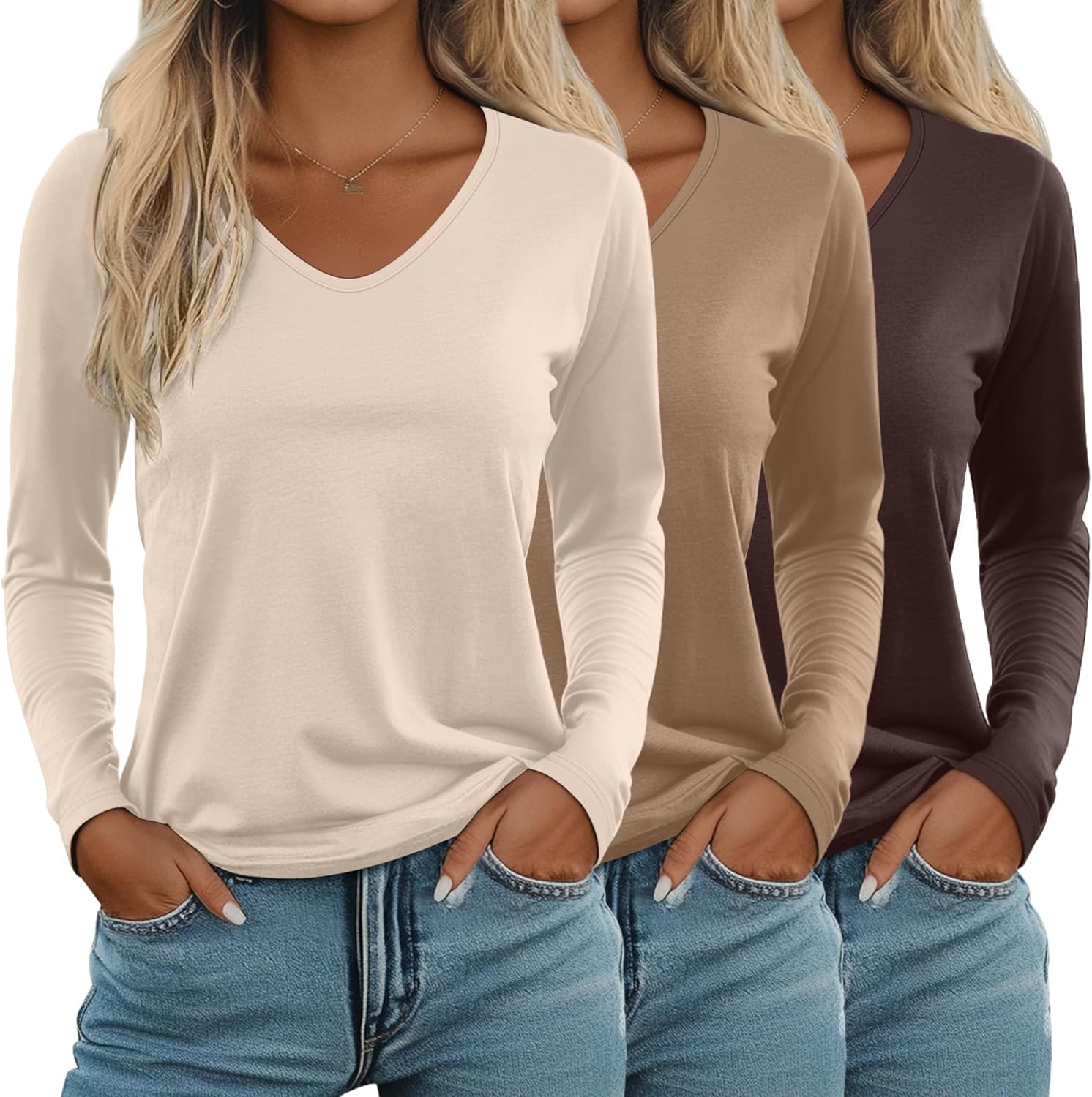 Ficerd 3 Pack Women’s Long Sleeve T Shirts, V Neck Basic Tops Fall Casual Trendy Tees Loose Fit Soft Clothes Outfits
