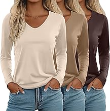 Ficerd 3 Pack Women's Long Sleeve T Shirts, V Neck Basic Tops Fall Casual Trendy Tees Loose Fit Soft Clothes Outfits
