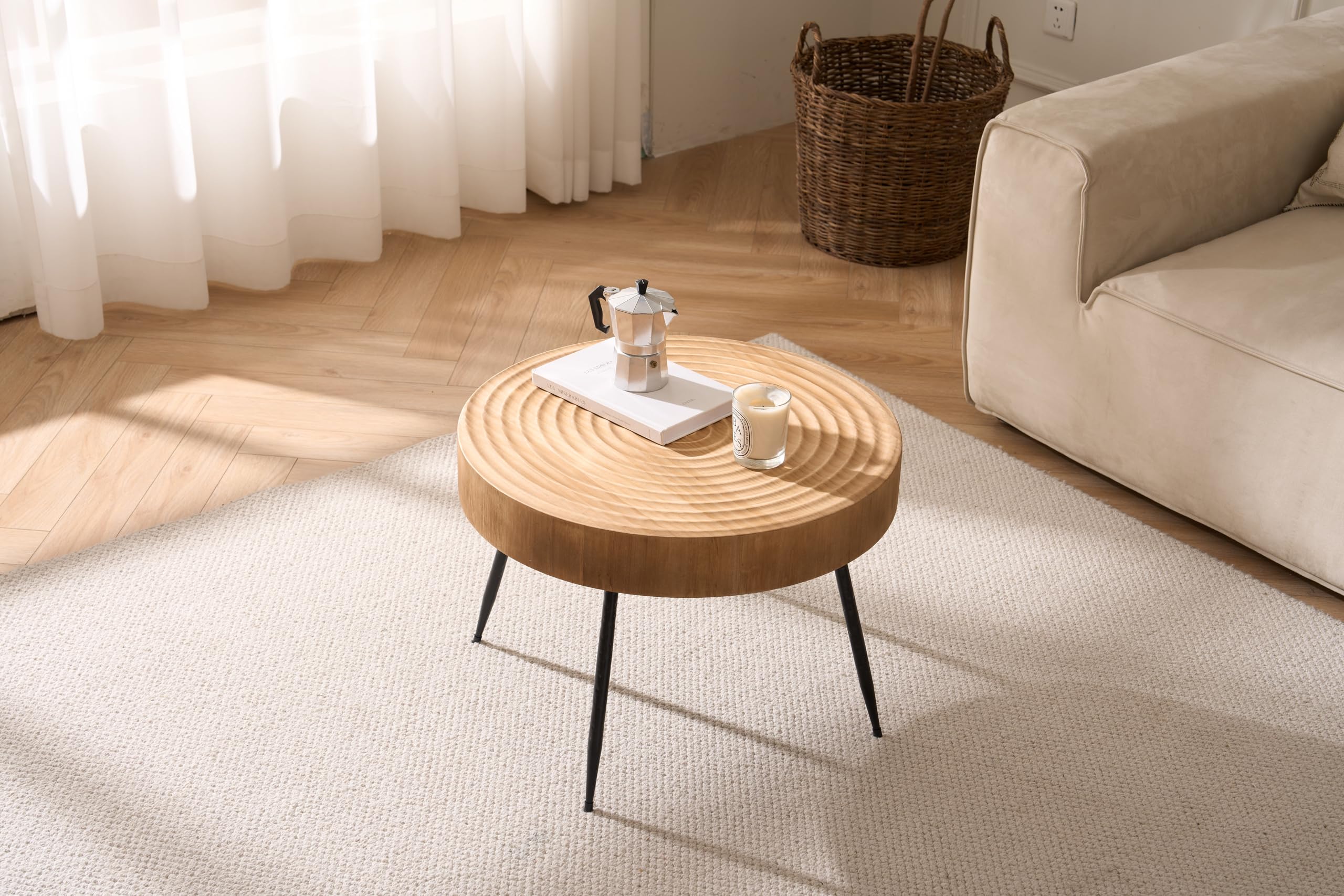 Mesa auxiliar redonda, mesa auxiliar de madera, forma de rueda anual, diámetro 60 x 42 cm, mesa de café con patas de metal negro, mesa auxiliar grande redonda en el salón, color marrón claro