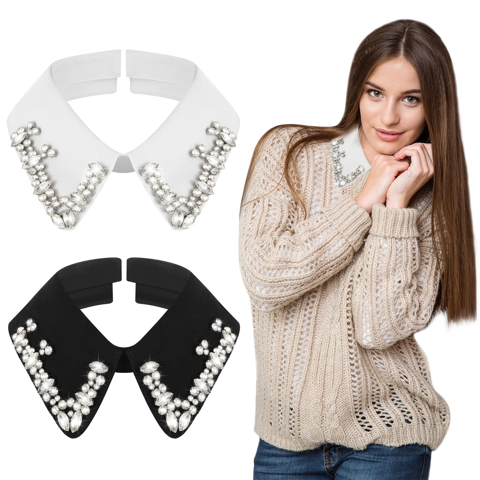 GeyogaRhinestones Collar 2 Pieces Dickey Collar Fake Collar for Women Detachable Collar Choker White Black