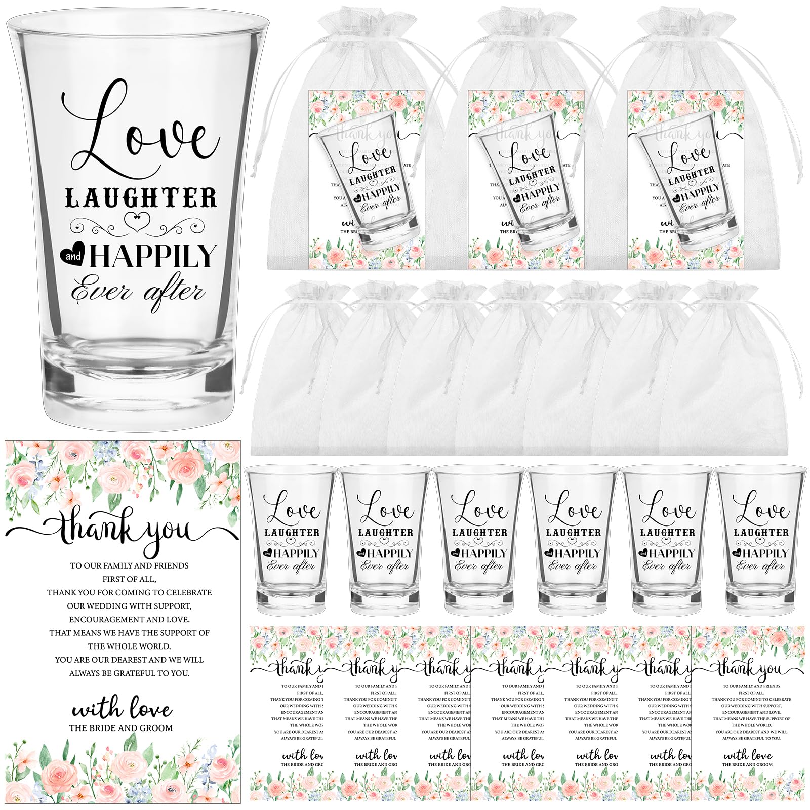 Verres à shot de mariage acrylique avec cartes de remerciement et sac x36