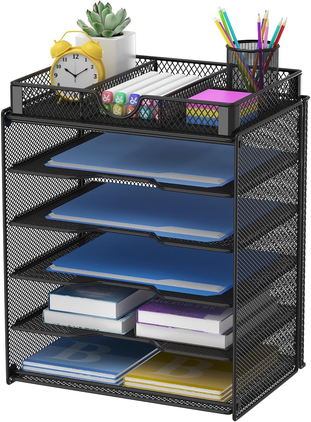 Samstar Letter Tray Organizer, Mesh Desk File Organizer Paper Sorter Holder 5-Tier with 1 Extra Drawer, Black