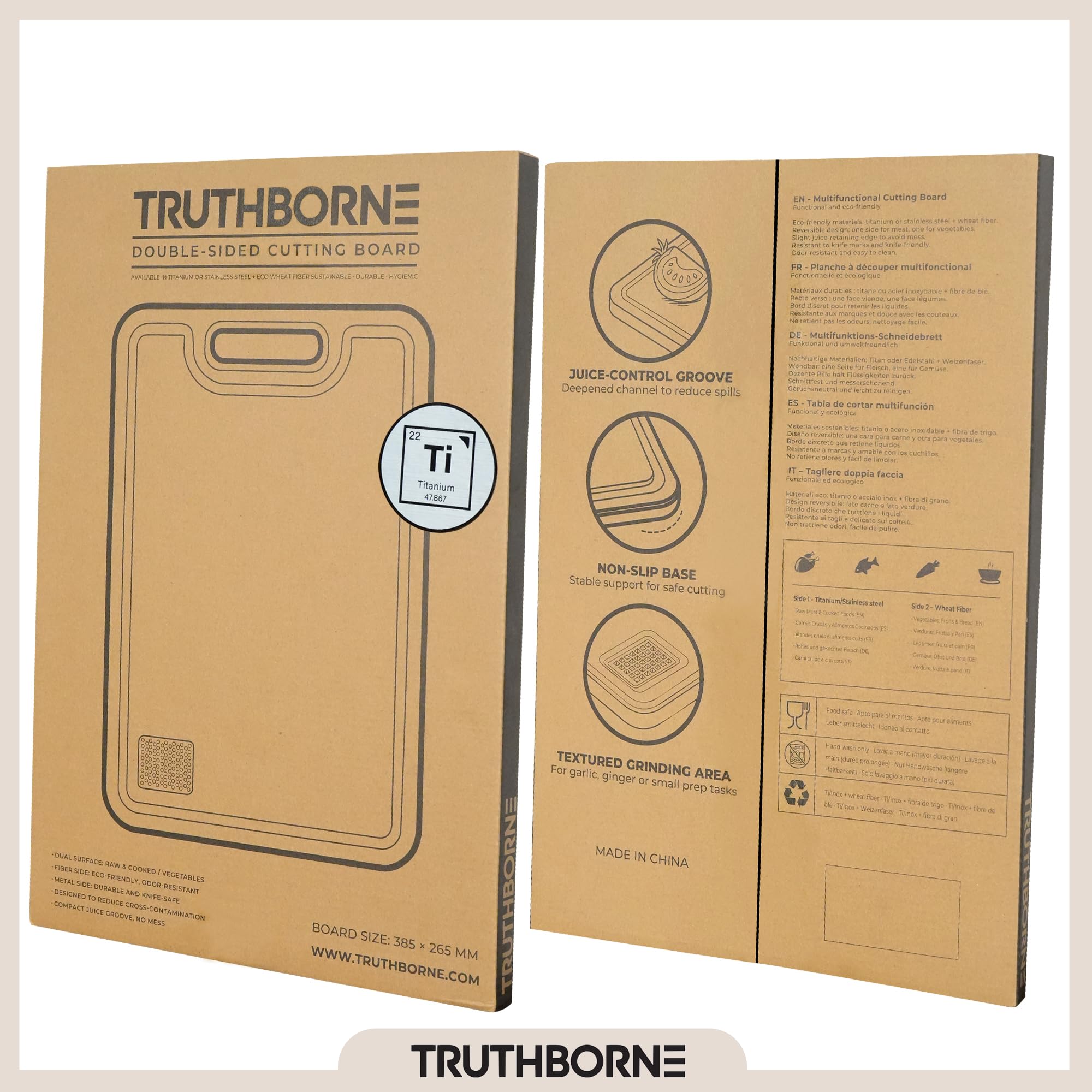 Tabla de Cortar Titanio 100% Puro Grado Alimentario – Doble Cara: Titanio + Fibra Natural 38,5×26,5 cm – Antibacteriana, Antideslizante, Sin Olores ni BPA – Tabla Cortar Cocina Premium