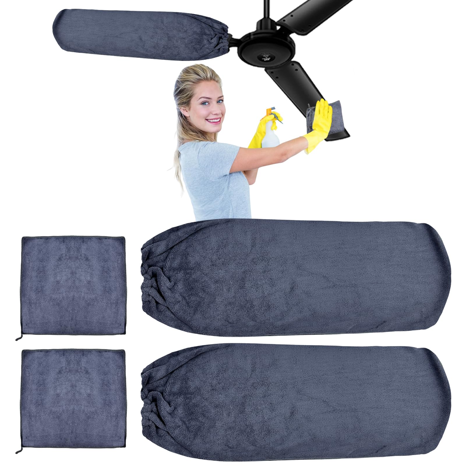 4 PCS Ceiling Fan Duster Kits,100% Microfibre Fan Blade Cleaner for high Ceiling Fan Blades.Machine Washable and Reusable,Includes 2 Ceiling Fan dusters and 2 Microfibre Towels?Grey? (Grey)