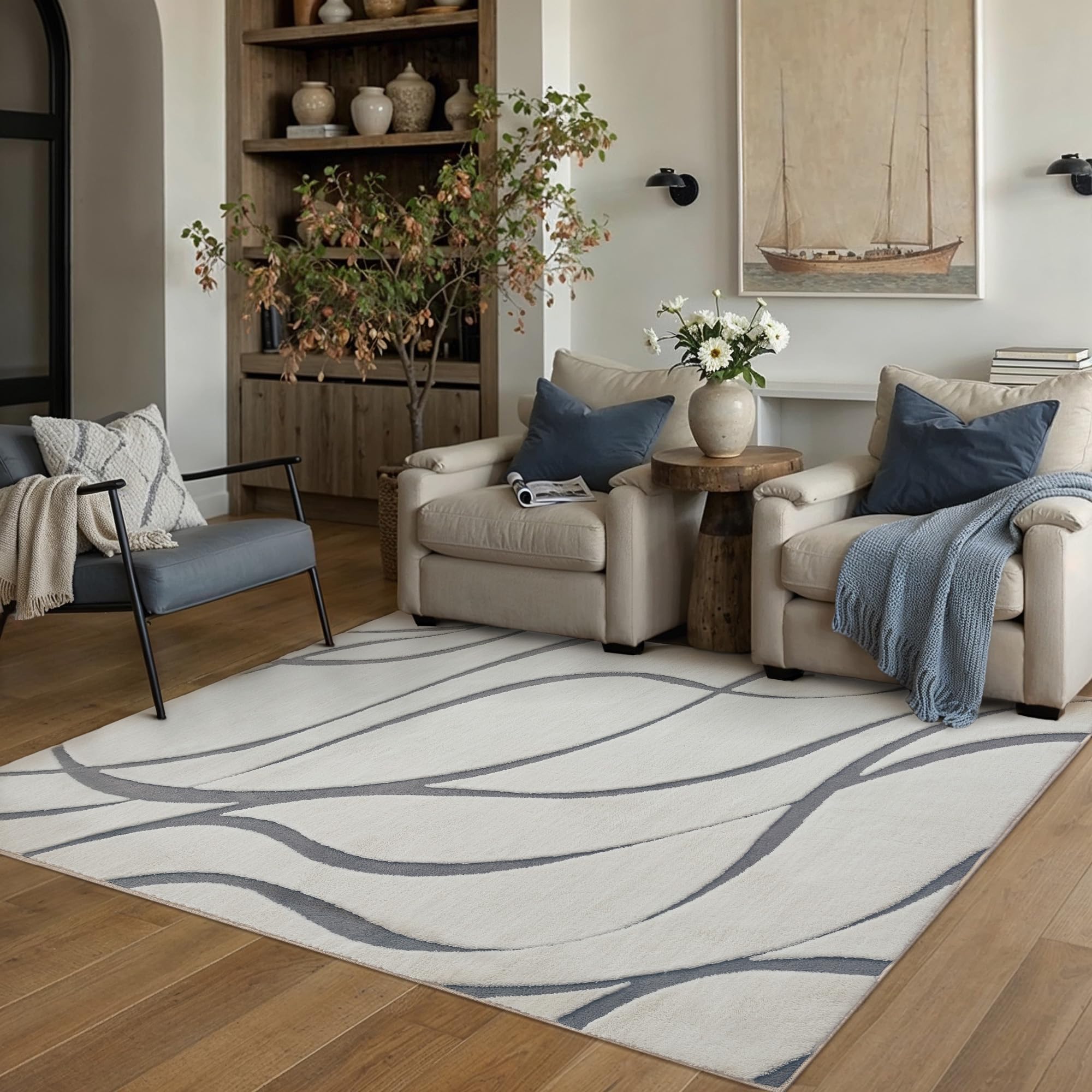 hugear shag area rug 8x10 grey & ivory washable living room bedroom rug non slip non-shedding soft plush medium pile large throw carpet for home office aesthetic modern decor