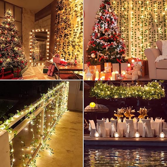 2 pack 6.56Ft Artificial Ivy Leaf Garland with 20 LED Fairy String Lights,Fake Green Leaves Hanging Vine Faux Flowers Decoration for Indoor,Outdoor,Kitchen,Garden,Office,Wedding,Wall