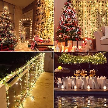 2 pack 6.56Ft Artificial Ivy Leaf Garland with 20 LED Fairy String Lights,Fake Green Leaves Hanging Vine Faux Flowers Decoration for Indoor,Outdoor,Kitchen,Garden,Office,Wedding,Wall
