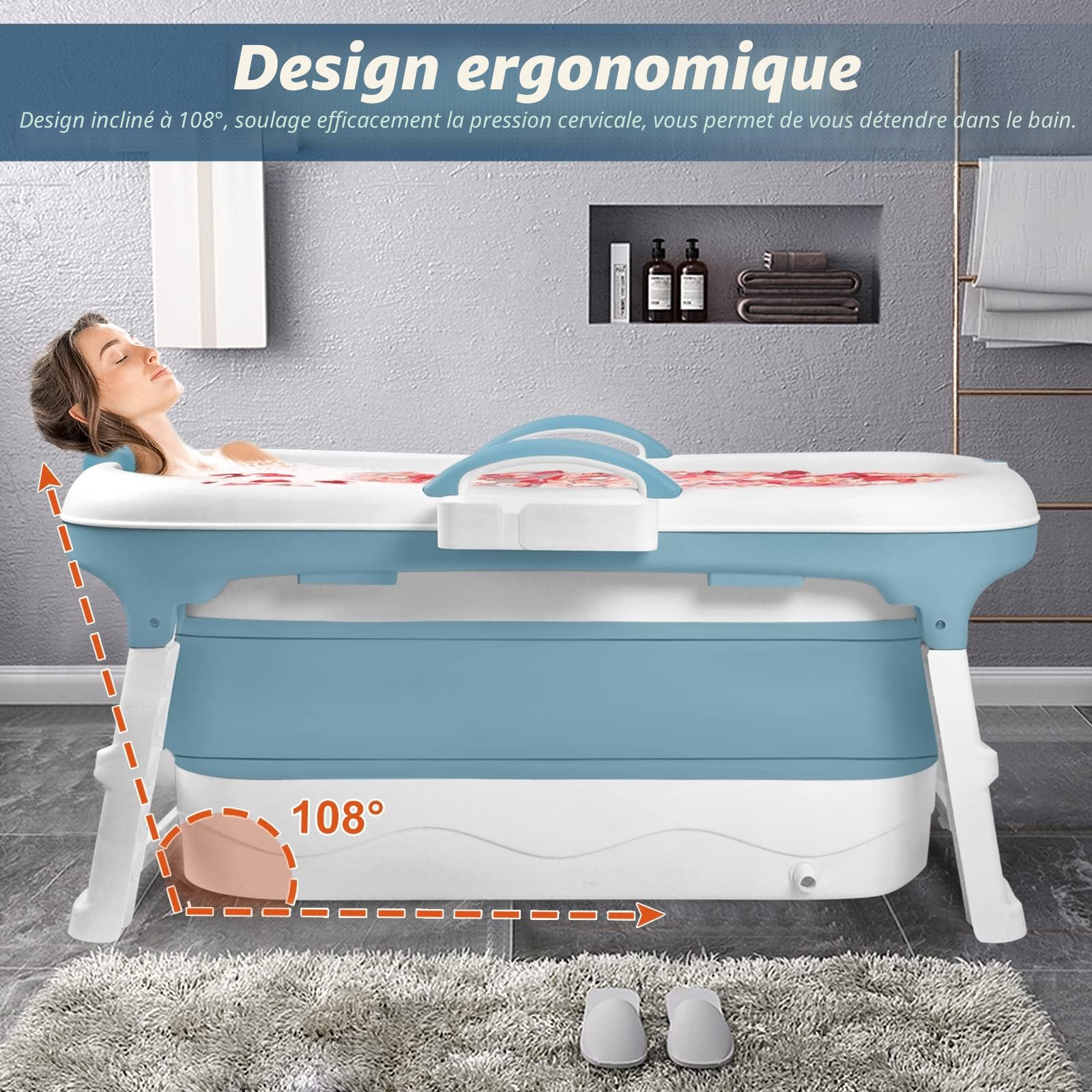 LARS360 Baignoire pliante pour adulte - Baignoire de voyage pliante avec couvercle amovible - Porte-savon, rouleaux de massage, baignoire mobile pour petite salle de bains (118 x 62 x 53 cm)