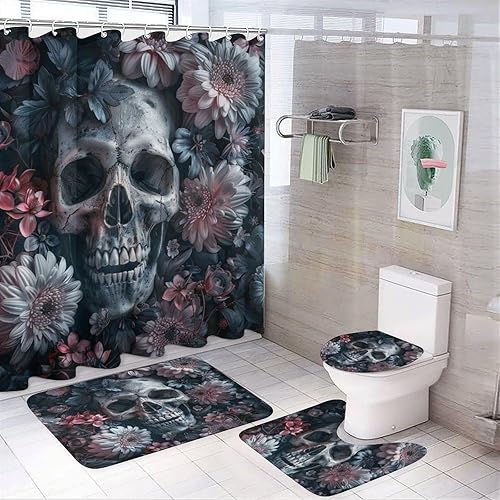 Juego de 4 cortinas de ducha vintage de calavera de fantasía, alfombras antideslizantes para tapa de inodoro, tapete de baño, diseño de esqueleto