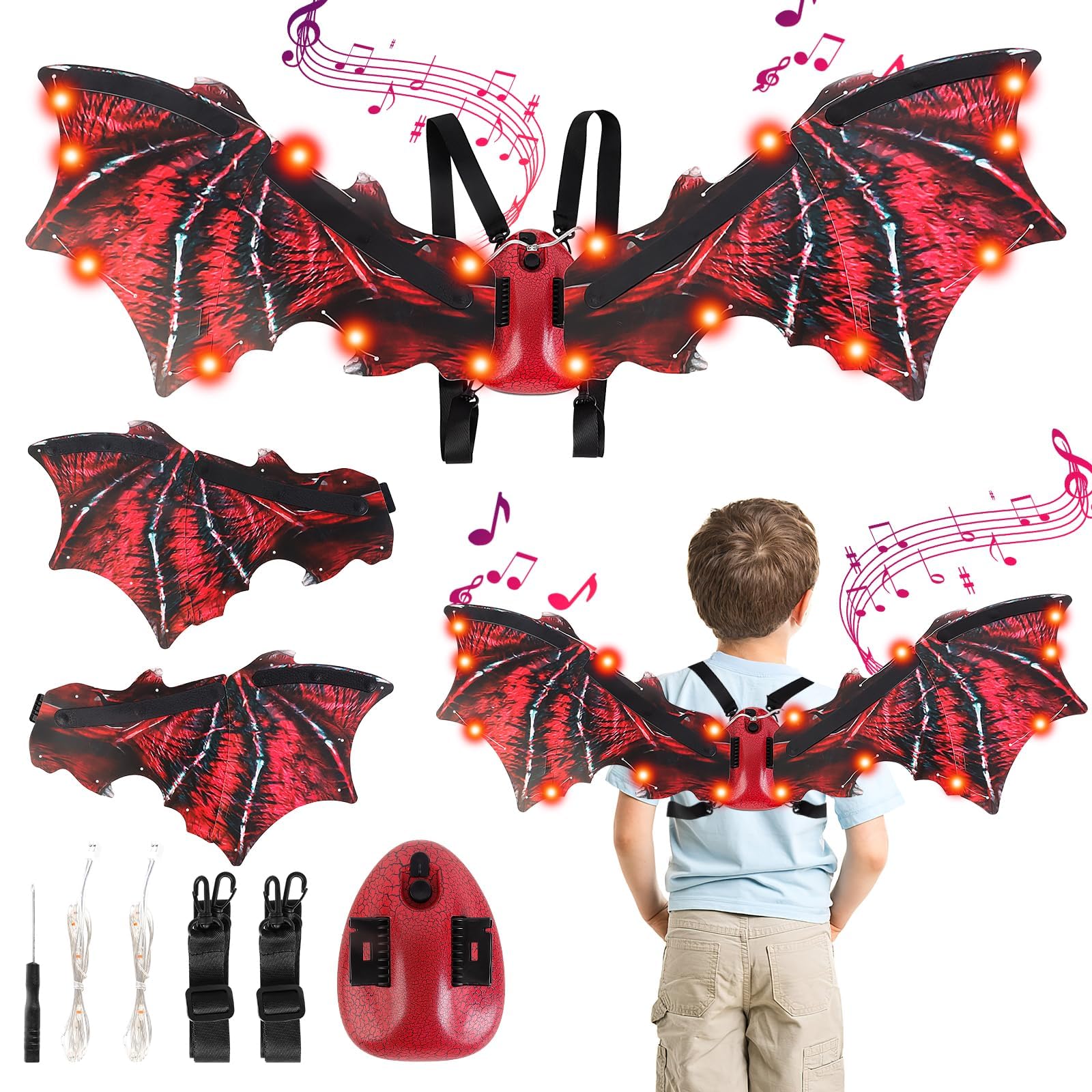 LBOYLOVE® Electric Dragon Wings for Kids, Retractable Dragon Wings with LED Light & Music, Dragon Dress-Up Costumes for Boys & Girls, Dragon Wings for Halloween Christmas Gifts (Red)