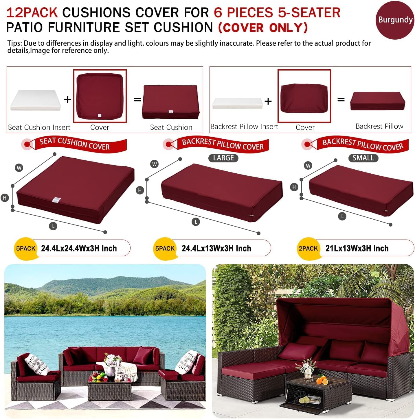(No Stretchy) 12 Pack Patio Cushion Covers Set,Outdoor Furniture Cushion and Pillow Slipcovers Replacement, Fit for 6 Pieces 7-Seater Wicker Patio Sectional Sofa Chair Couch Set,Burgundy-Covers Only