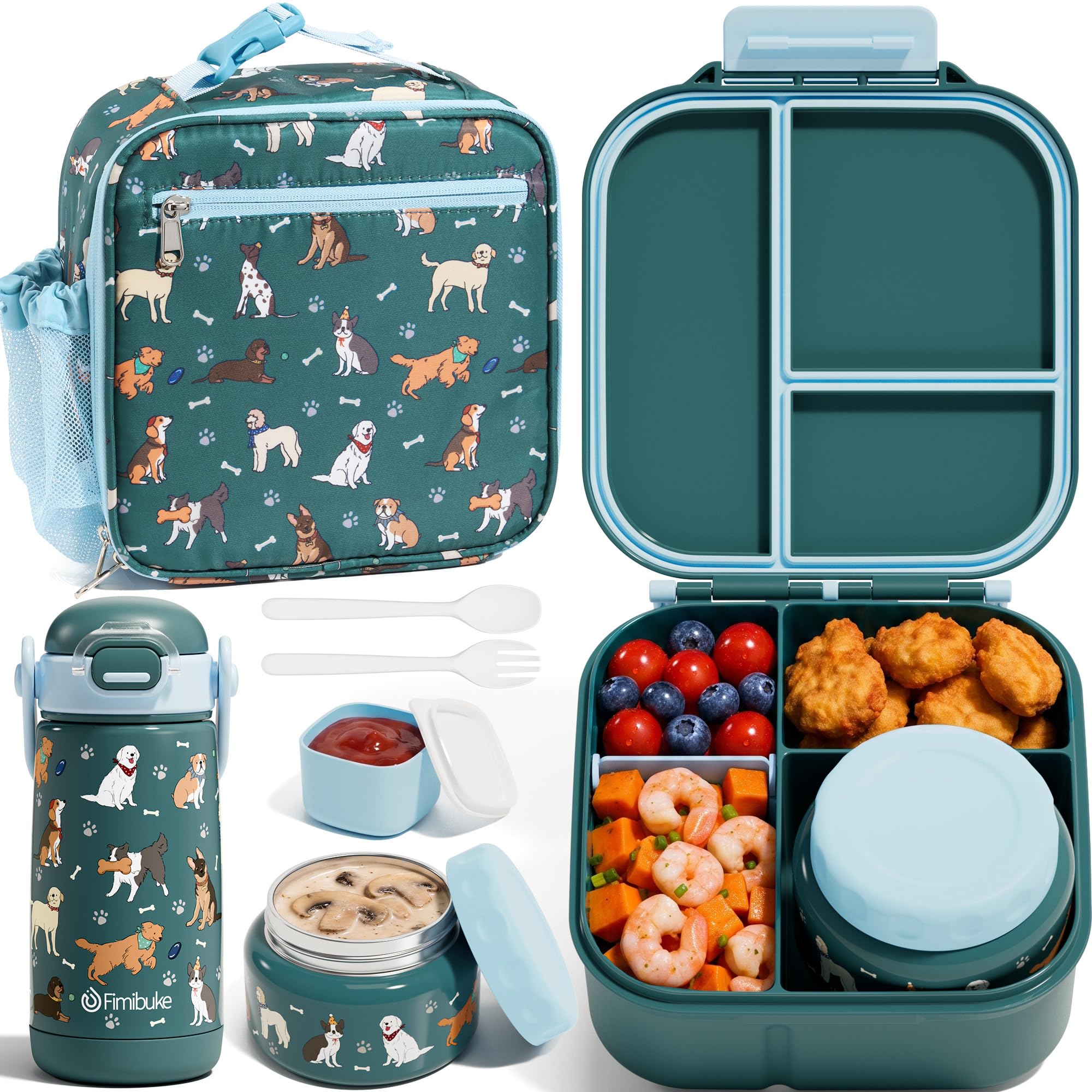 Fimibuke Kids Bento Lunch Box w/Insulated Water Bottle, Lunch Bag &amp; Thermo