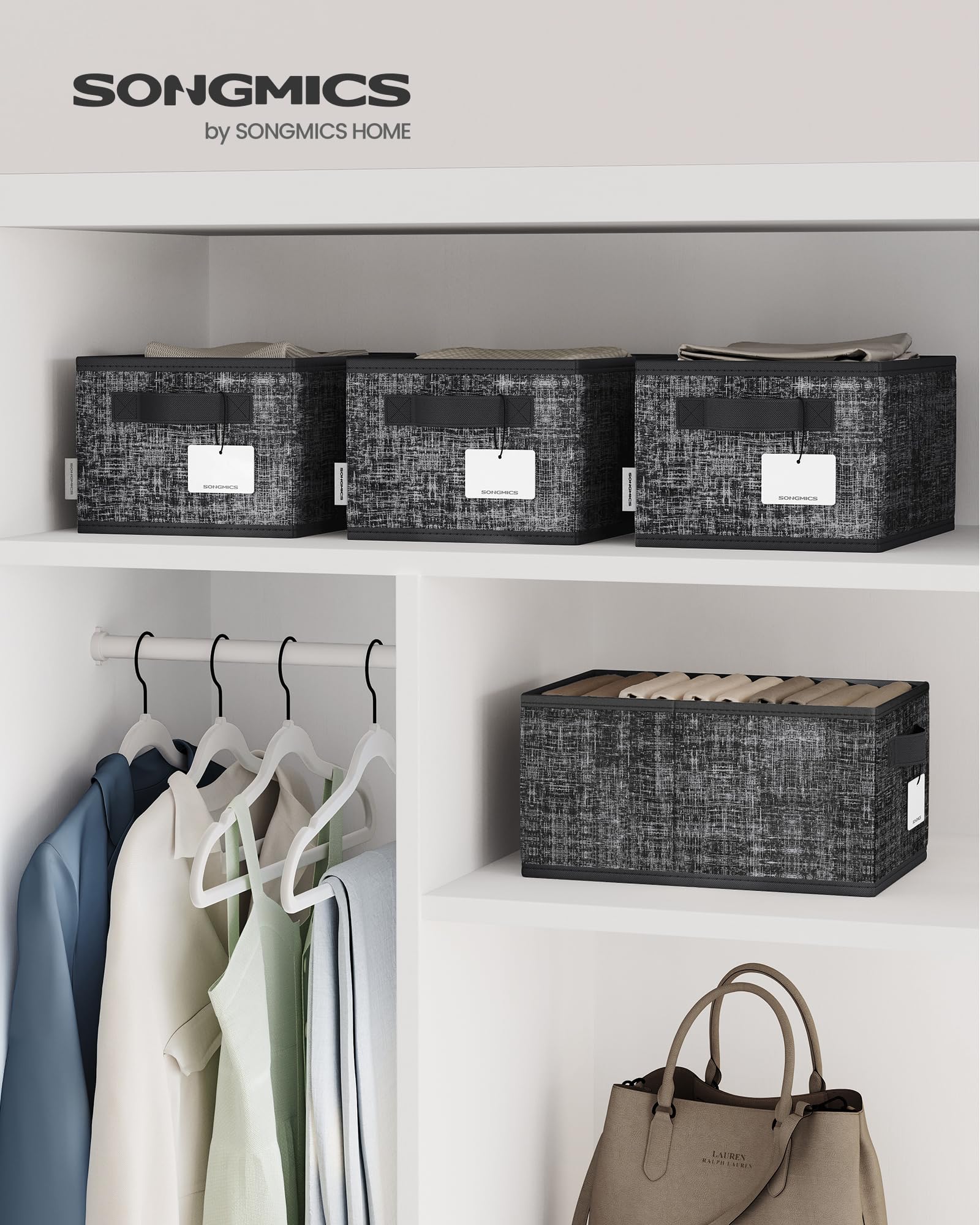 SONGMICS Collapsible Storage Boxes, Set of 3 Fabric Storage Baskets, 30 x 20 x 15 cm, Wardrobe Storage Organisers, 2 Handles - Image 2