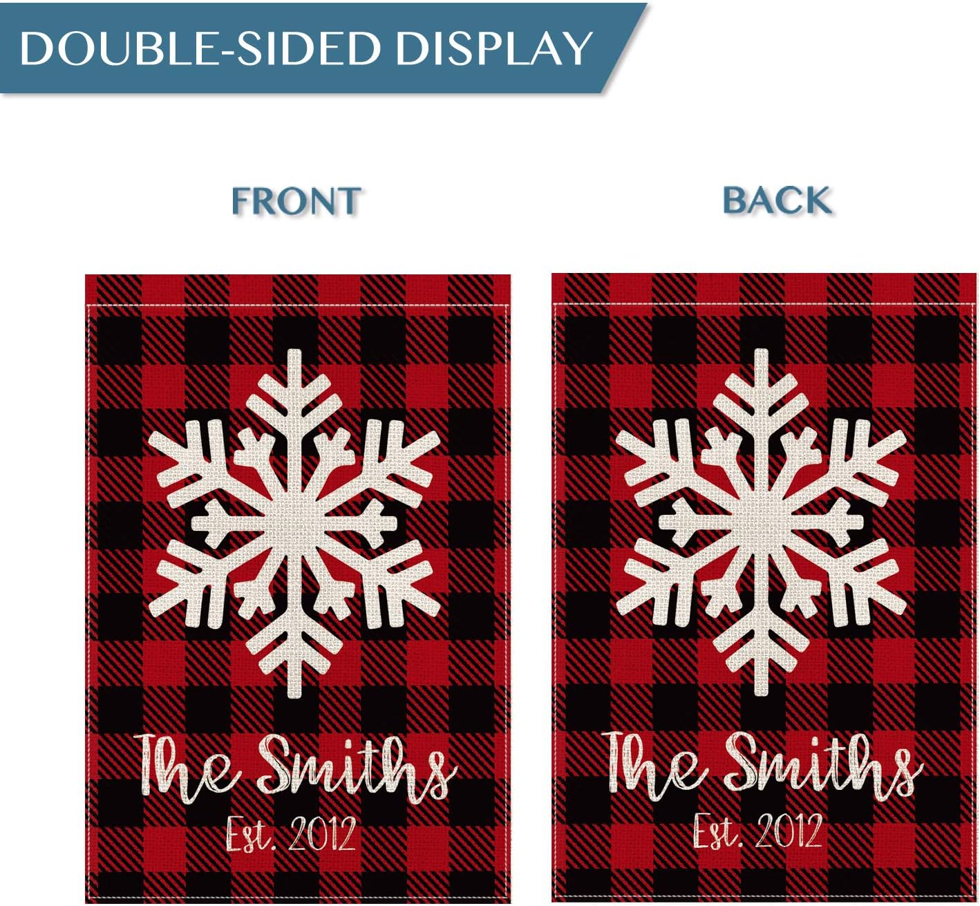 Smile Personalized Merry Christmas Snowflakes House Flag, Customized Family Name and Established Year Buffalo Check Plaid, Double Sided 28 x 40 Inch Rustic Farmhouse Burlap Yard Outdoor Decoration