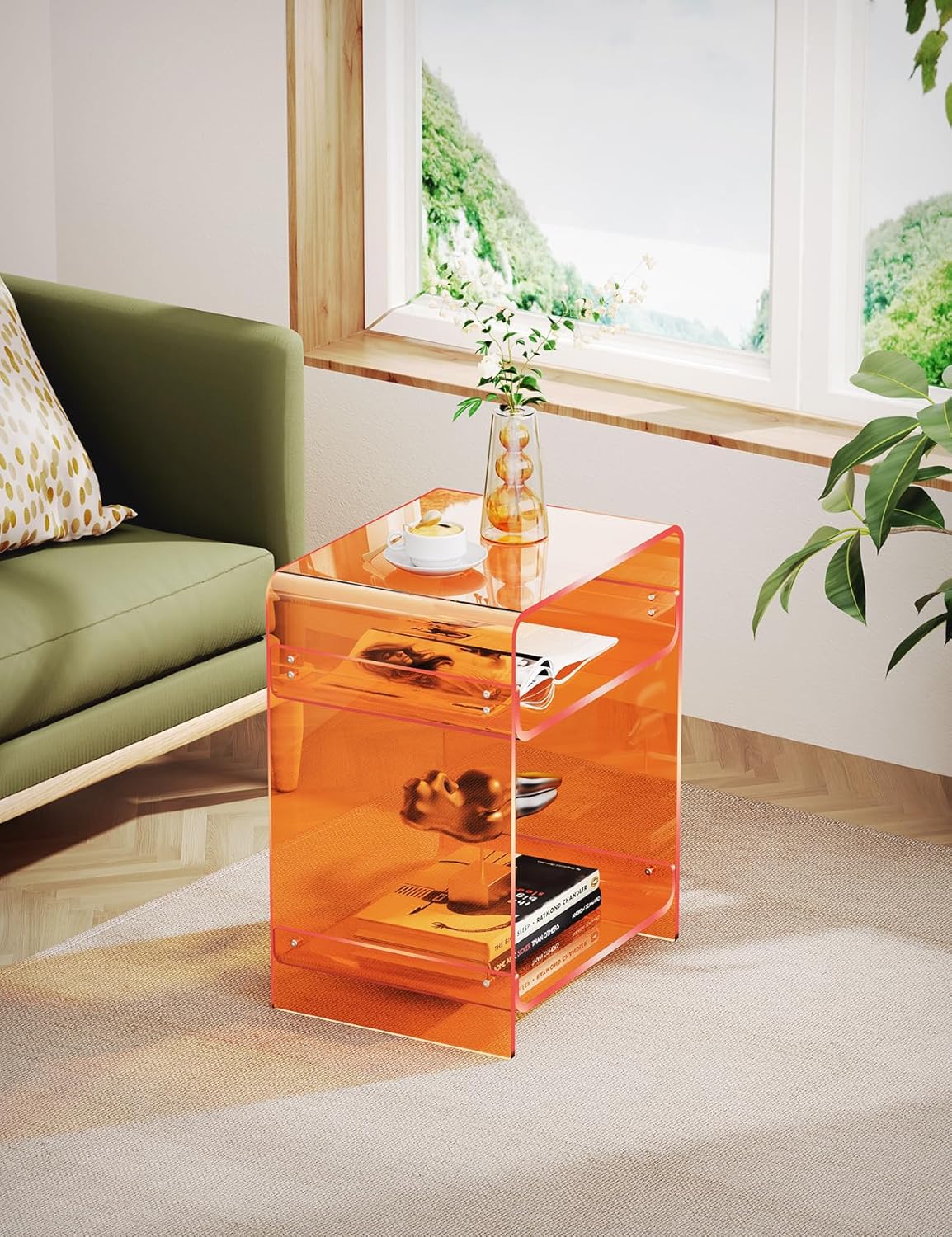 Orange Acrylic Rectangular End Table with Storage Shelf