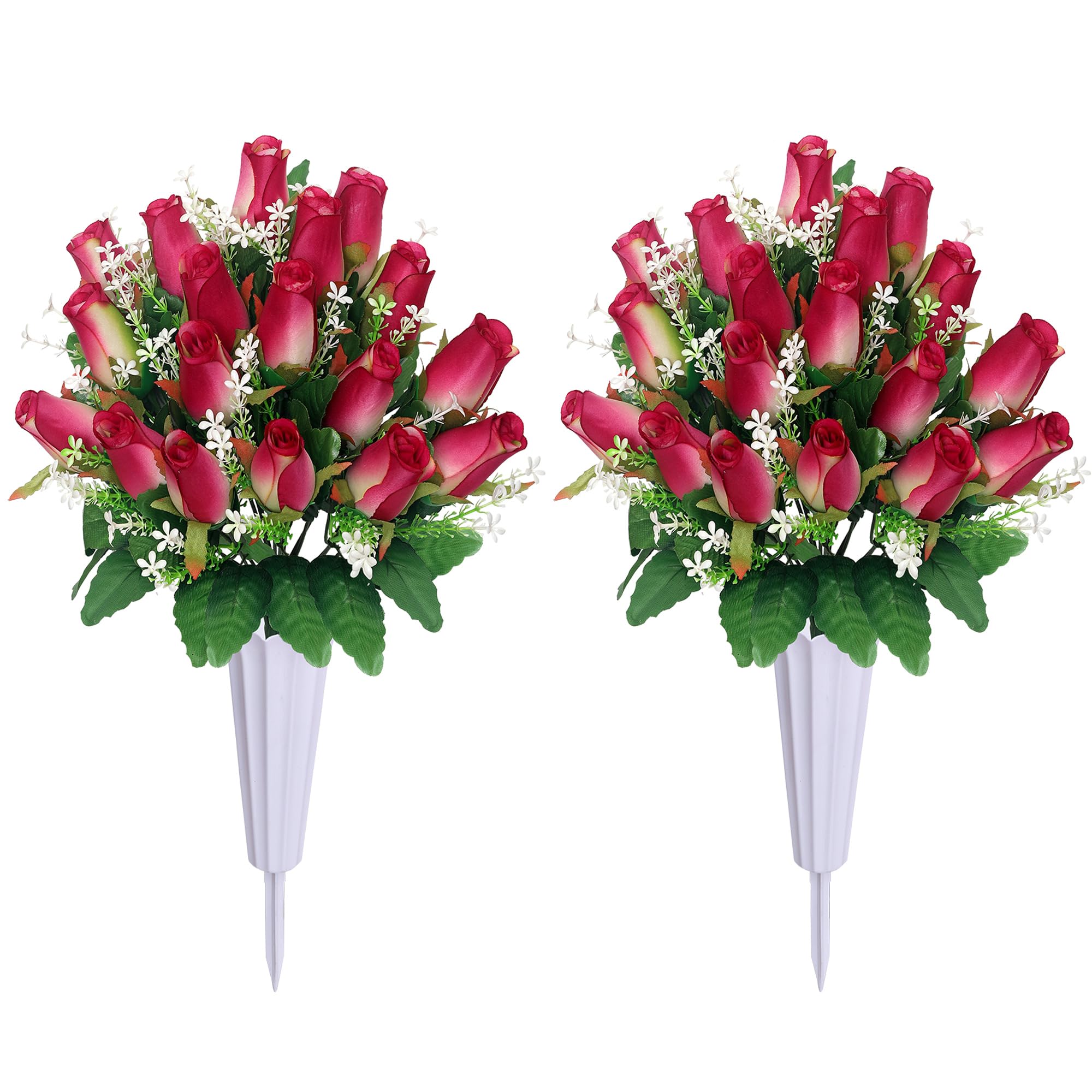 Artificial Cemetery Flowers for Grave,2Pack Memorial Roses Bouquets with Vase for Grave Tombstone Decorations (2, Rose Red) image 7