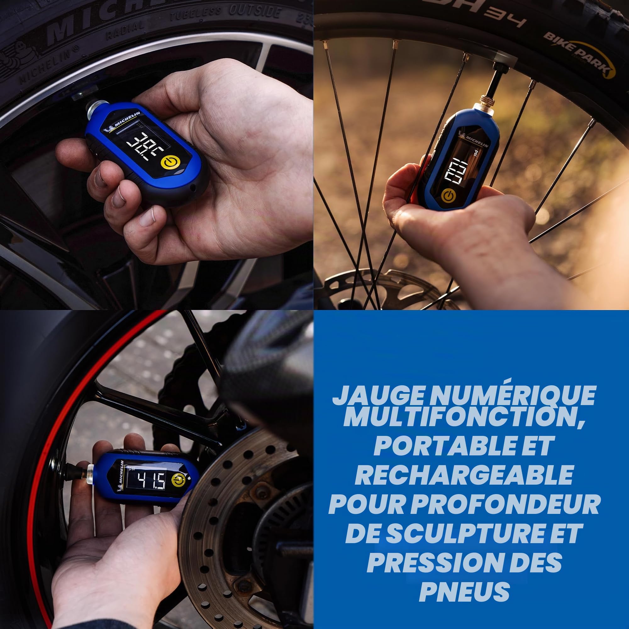 MICHELIN Jauge de pression des pneus de voiture numérique et jauge de profondeur de la bande de roulement des pneus - Rechargeable numérique lecteur de profondeur et de pression pour boîte à gants