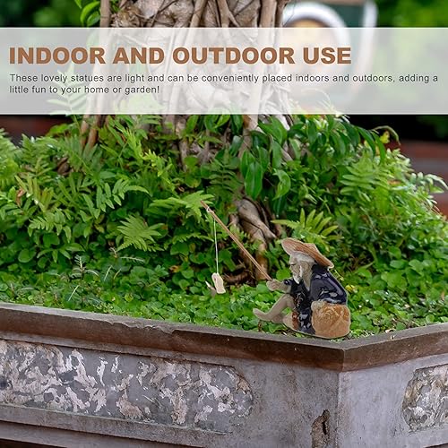 Miniatura 6 de DOITOOL Mini figura de pescador, figura de bonsái de pescador de cerámica en miniatura, estatua china de jardín de pesca sentada para micro paisaje,