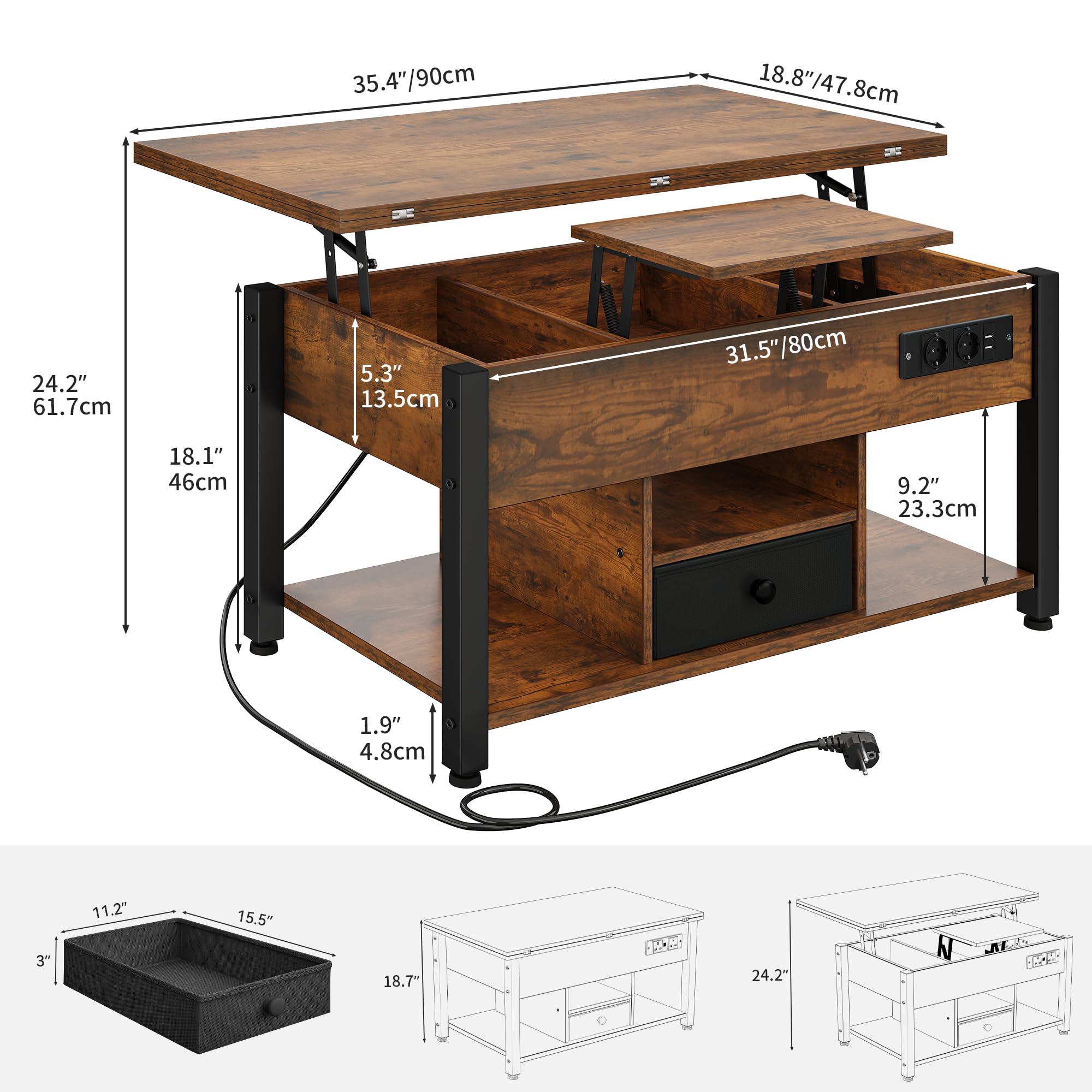 YITAHOME Couchtisch mit Höhenverstellbarer, 4-in-1-Multifunktions-Couchtisch mit Stauraum und LED Beleuchtung, Couchtisch lässt Sich in einen Esstisch für das Wohnzimmer umwandeln, Vintage-Braun
